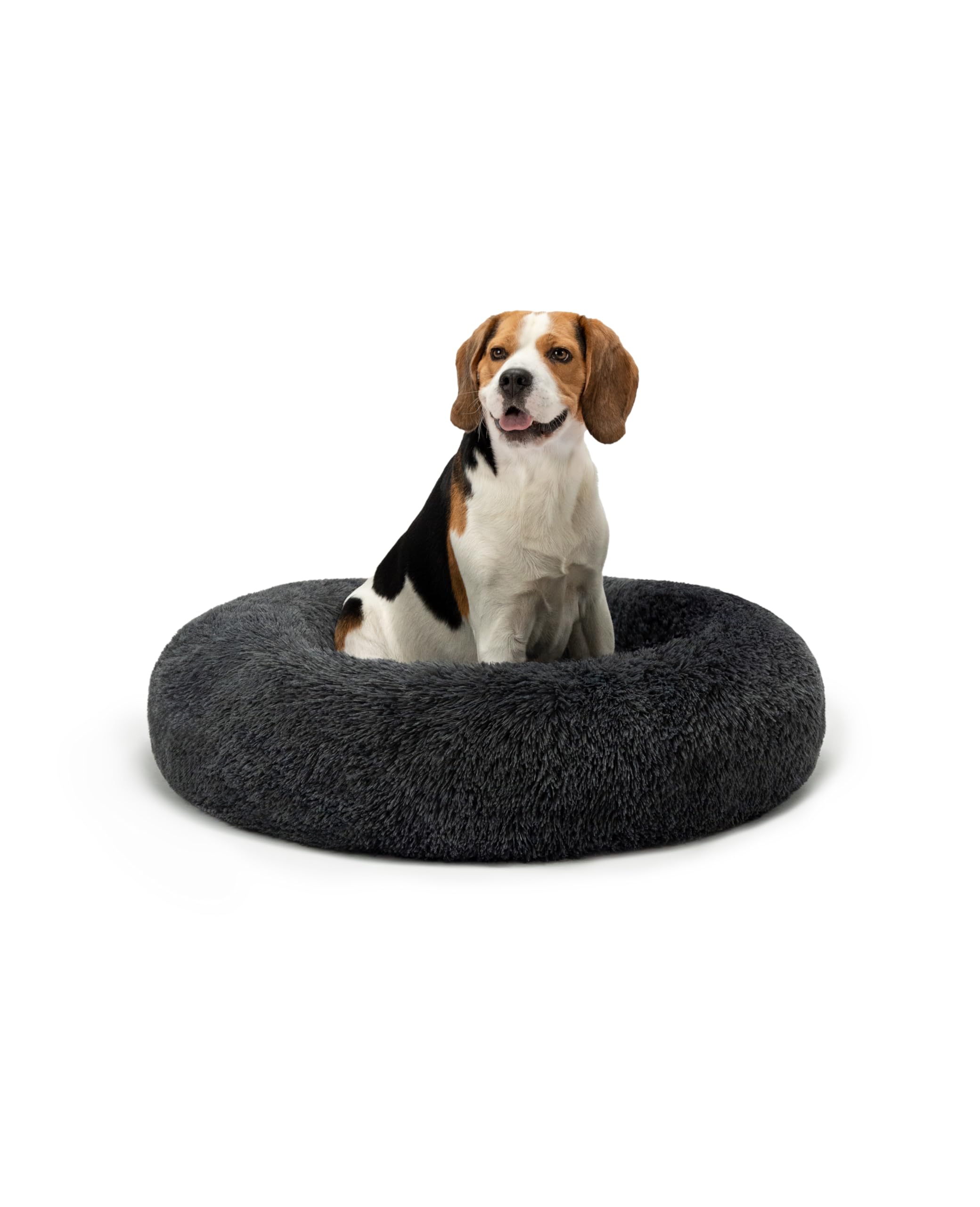 lionto Donutbett für Hunde und Katzen, Flauschiges Hundebett rund für kleine und große Heimtiere, Ø 80 cm, weiches Katzenbett aus kuscheligem Plüsch, Hundekissen mit extra Dicker Füllung, dunkelgrau