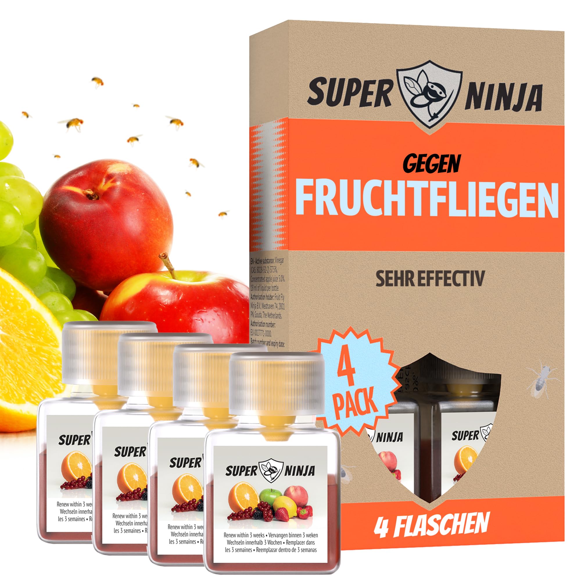 Super Ninja Fruchtfliegenfalle – Spar Pack – 4 Fallen – Hochwirksame Ökologische Fruchtfliegenfalle für Küche und Innenraum – Obstfliegenfalle – Bis zu 3 Wochen