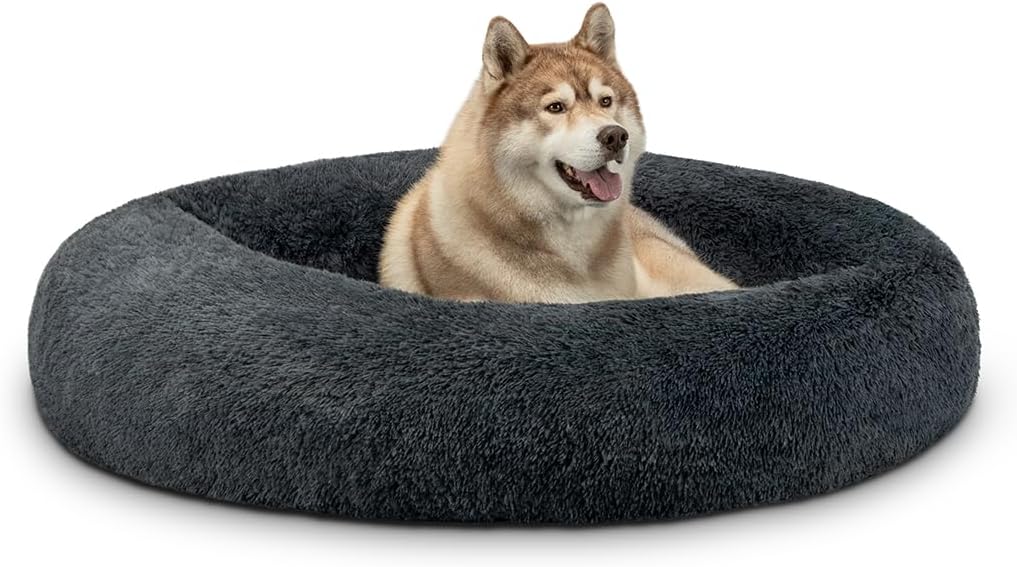 lionto Donutbett für Hunde und Katzen, Flauschiges Hundebett rund für kleine und große Heimtiere, weiches Katzenbett aus kuscheligem Plüsch, Hundekissen mit extra Dicker Füllung