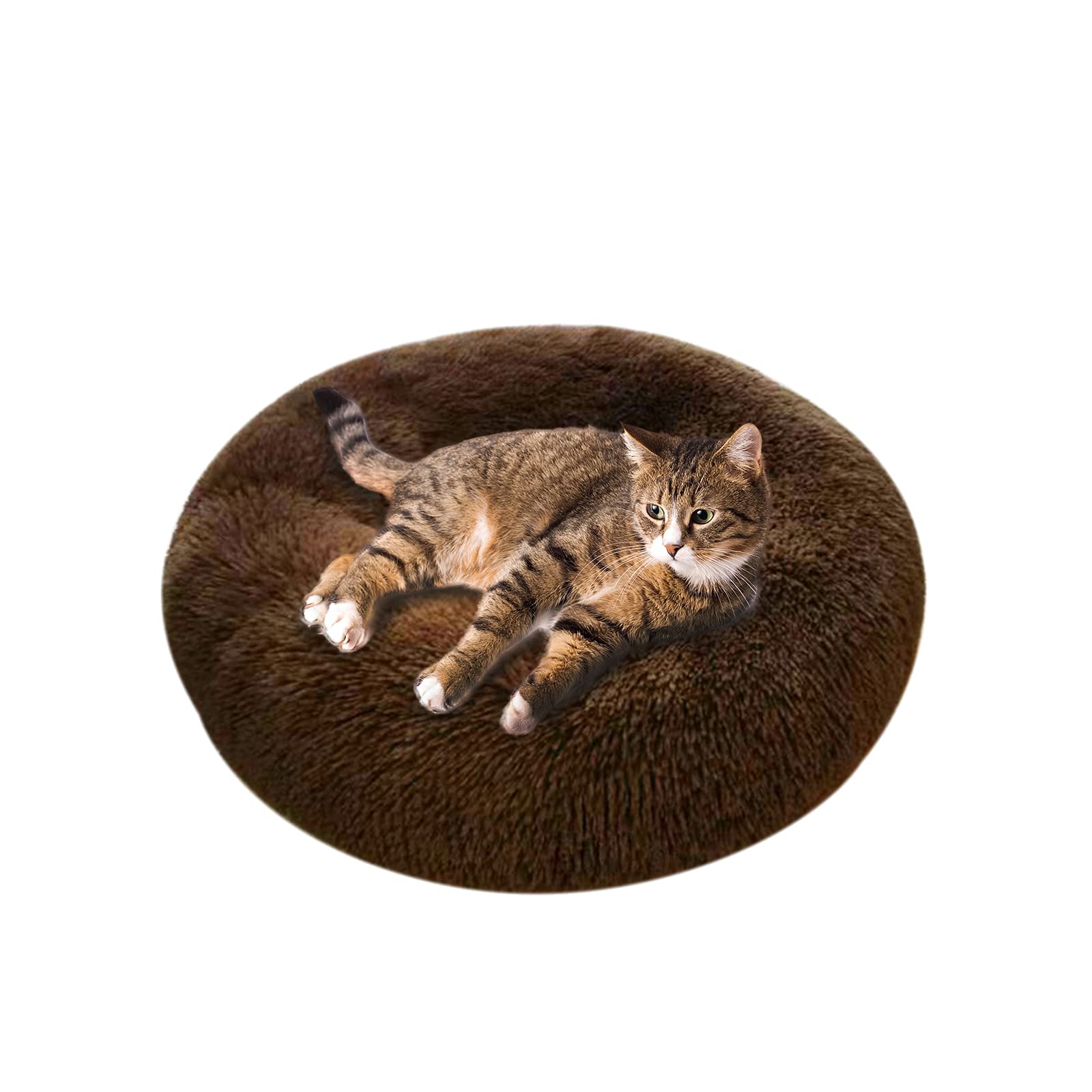 Andiker Plüsch-Katzen-Donut-Bett, weiche Bequeme Katzenbetten für Indoor-Katzen, rundes Kissen-Sofa beruhigendes Katzenkissen Anti-Rutsch für Katzenkätzchen-Welpen (Braun)