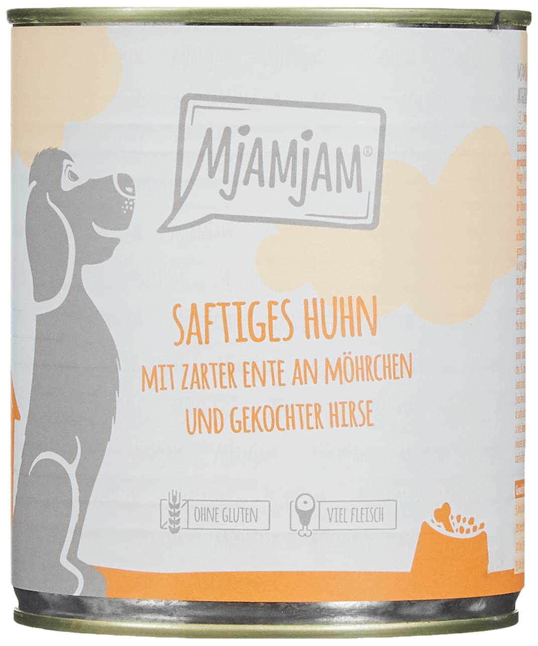 MjAMjAM – Premium Nassfutter für Hunde – saftiges Huhn mit zarter Ente an Möhrchen und gekochter Hirse, 6er Pack (6 x 800 g), naturbelassen mit extra viel Fleisch