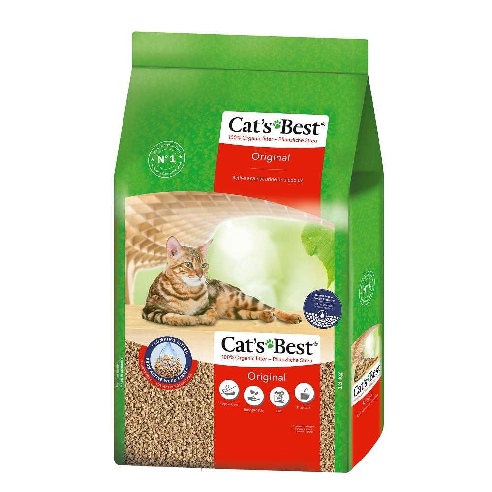 Cat’s Best Original Katzenstreu, 100 % pflanzliche Katzen Klumpstreu mit maximaler Saugkraft – bekämpft Gerüche natürlich aktiv, 17,2 kg/40 l