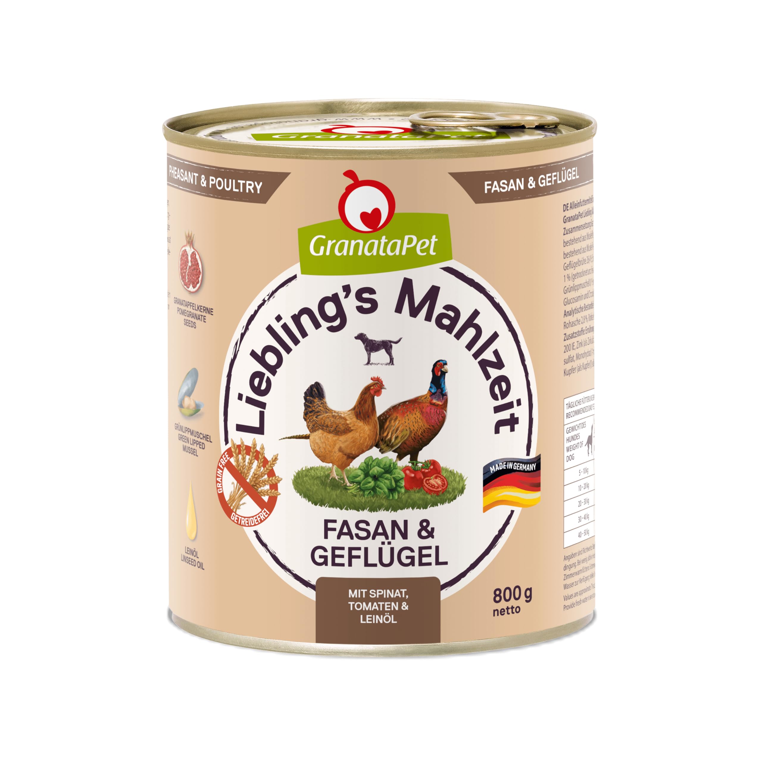 GranataPet Liebling’s Mahlzeit Fasan & Geflügel, Nassfutter für Hunde, Hundefutter ohne Getreide & ohne Zuckerzusätze, Alleinfuttermittel, 6 x 800 g