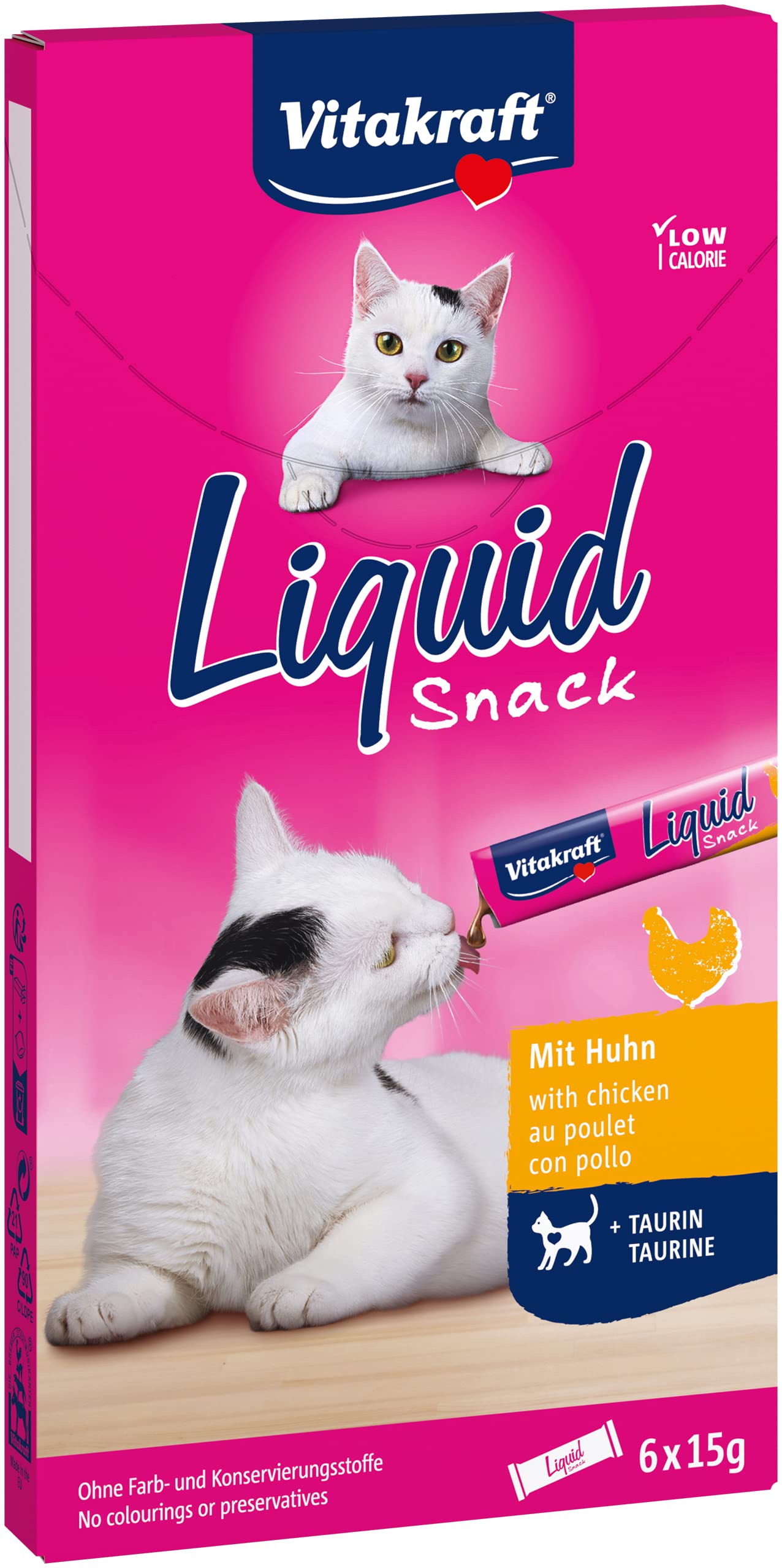 Vitakraft Liquid Snack, Katzensnack flüssig, mit Huhn, Katzenleckerlies, mit Taurin, unterstützt die Augenfunktion, unterstützt die Herzfunktion, kalorienarm (1x 6 Stück)