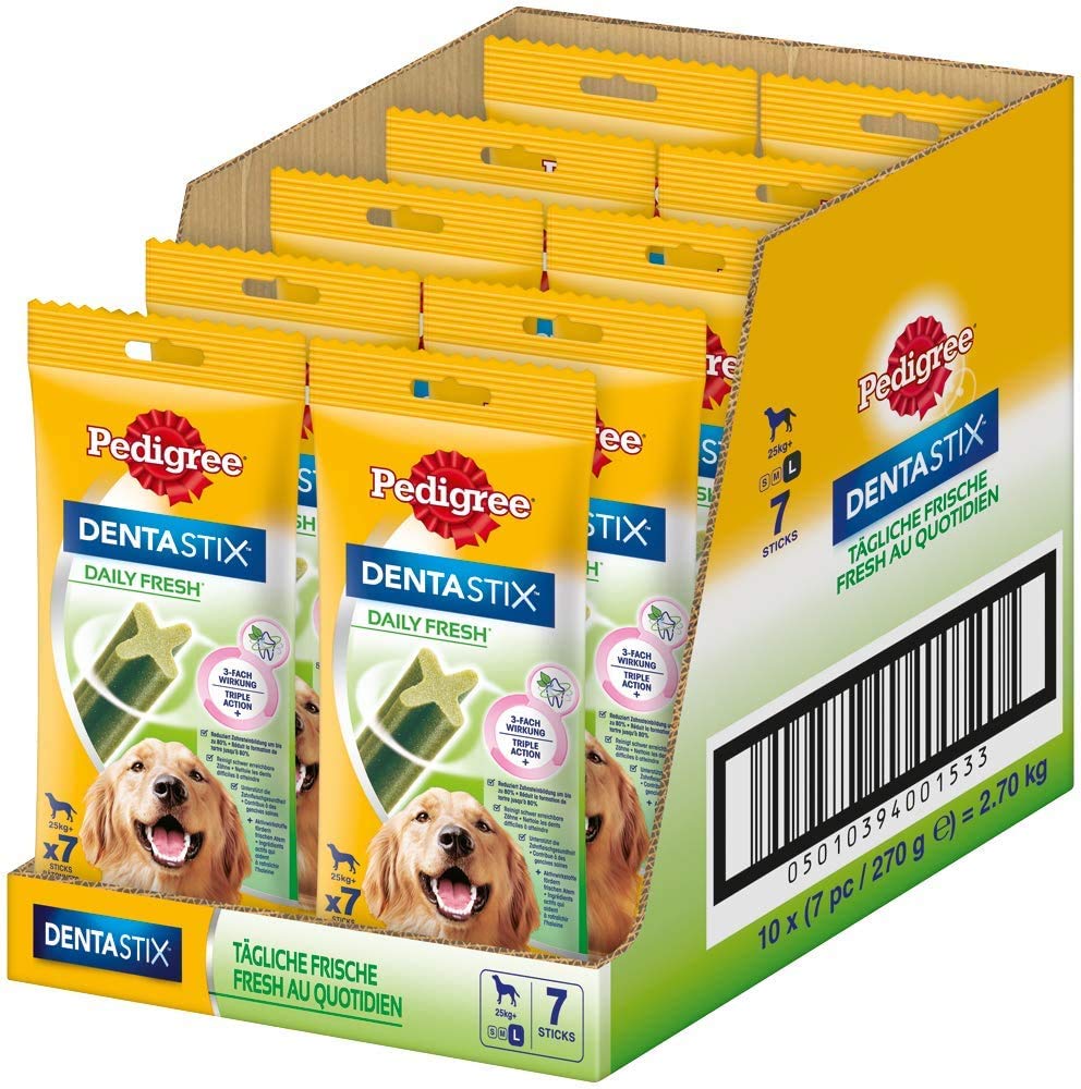 Pedigree DentaStix Daily Fresh Zahnpflegesnack für große Hunde – Hundeleckerli mit Aktivwirkstoffen für jeden Tag – Für gesunde Zähne und einen frischen Atem – 70 Sticks (10 x 7 Stück)