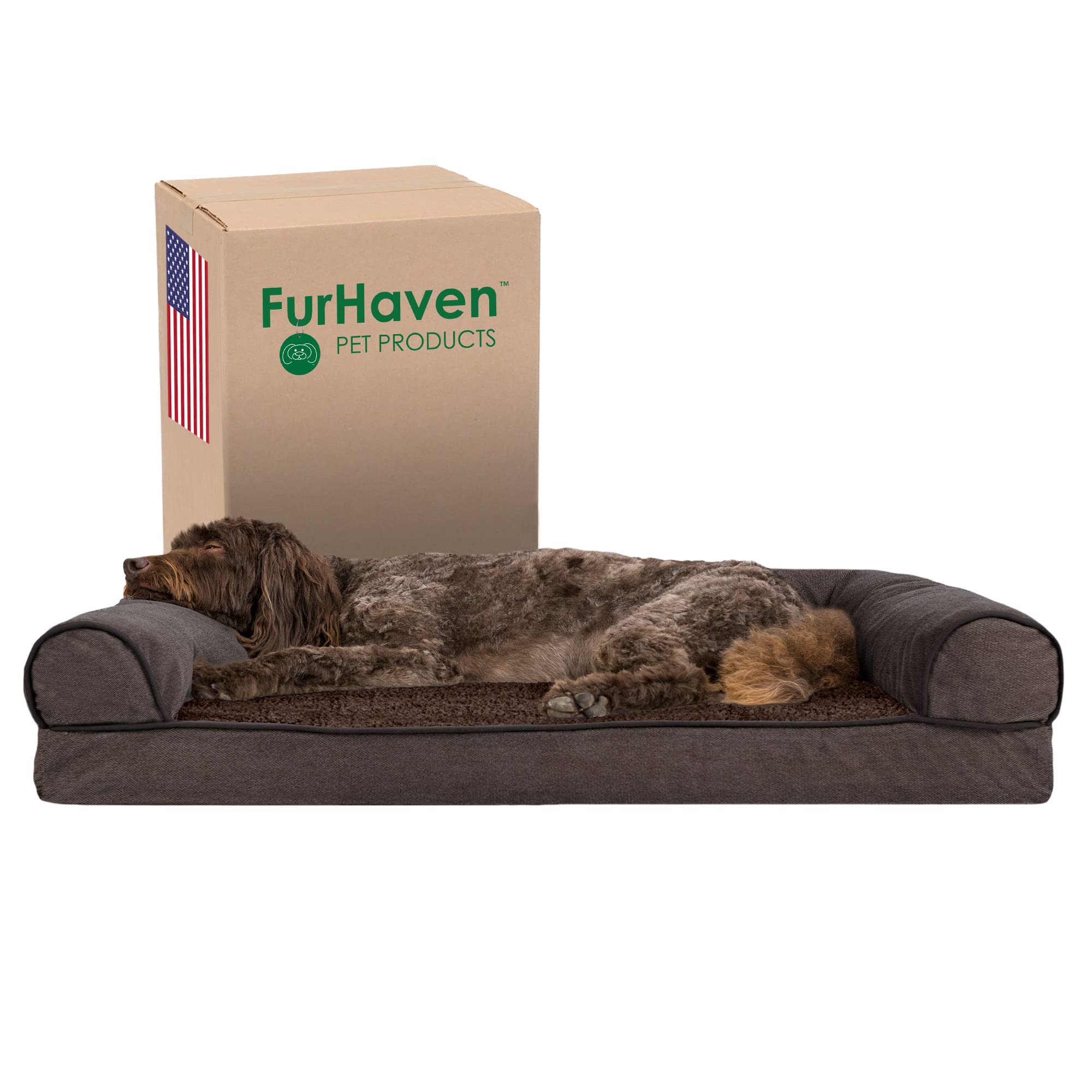 Furhaven Large Memory Foam Dog Bed Sherpa & Chenille Sofa-Style w/Removable Washable Cover – Coffee, Large