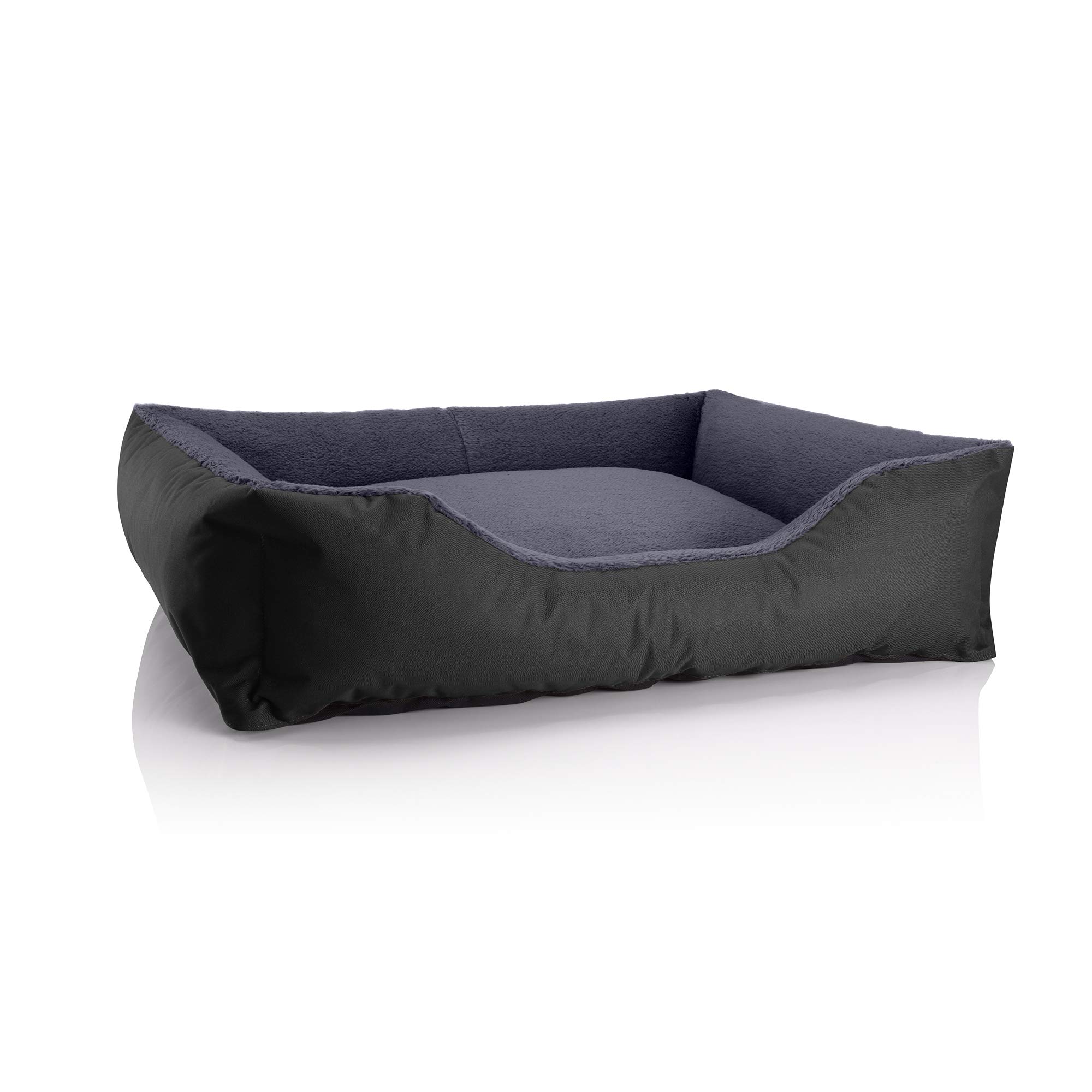 BedDog Hundebett Teddy, Hundesofa aus Cordura und Microfaser-Velours, waschbares Hundebett mit Rand, Hundekissen Vier-eckig, für drinnen, draußen, Größe XL, schwarz-grau