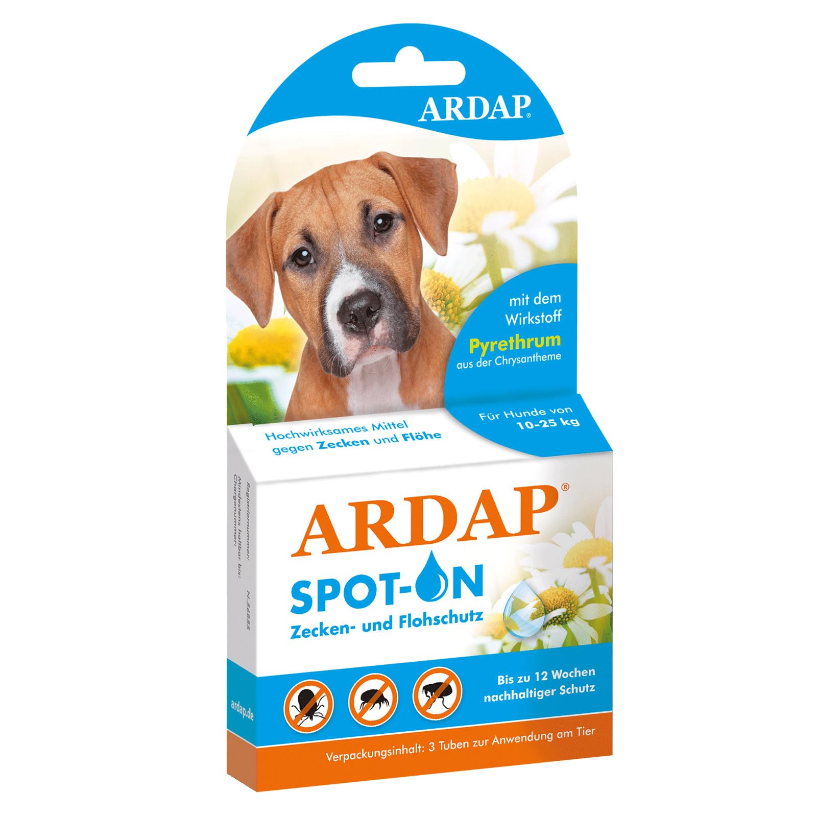 ARDAP Spot On für Hunde von 10 bis 25kg – Natürlicher Wirkstoff – Zeckenmittel für Hunde, Zeckenschutz Hund, Flohmittel Hund – 3 Tuben je 2,5ml – Bis zu 12 Wochen nachhaltiger Langzeitschutz