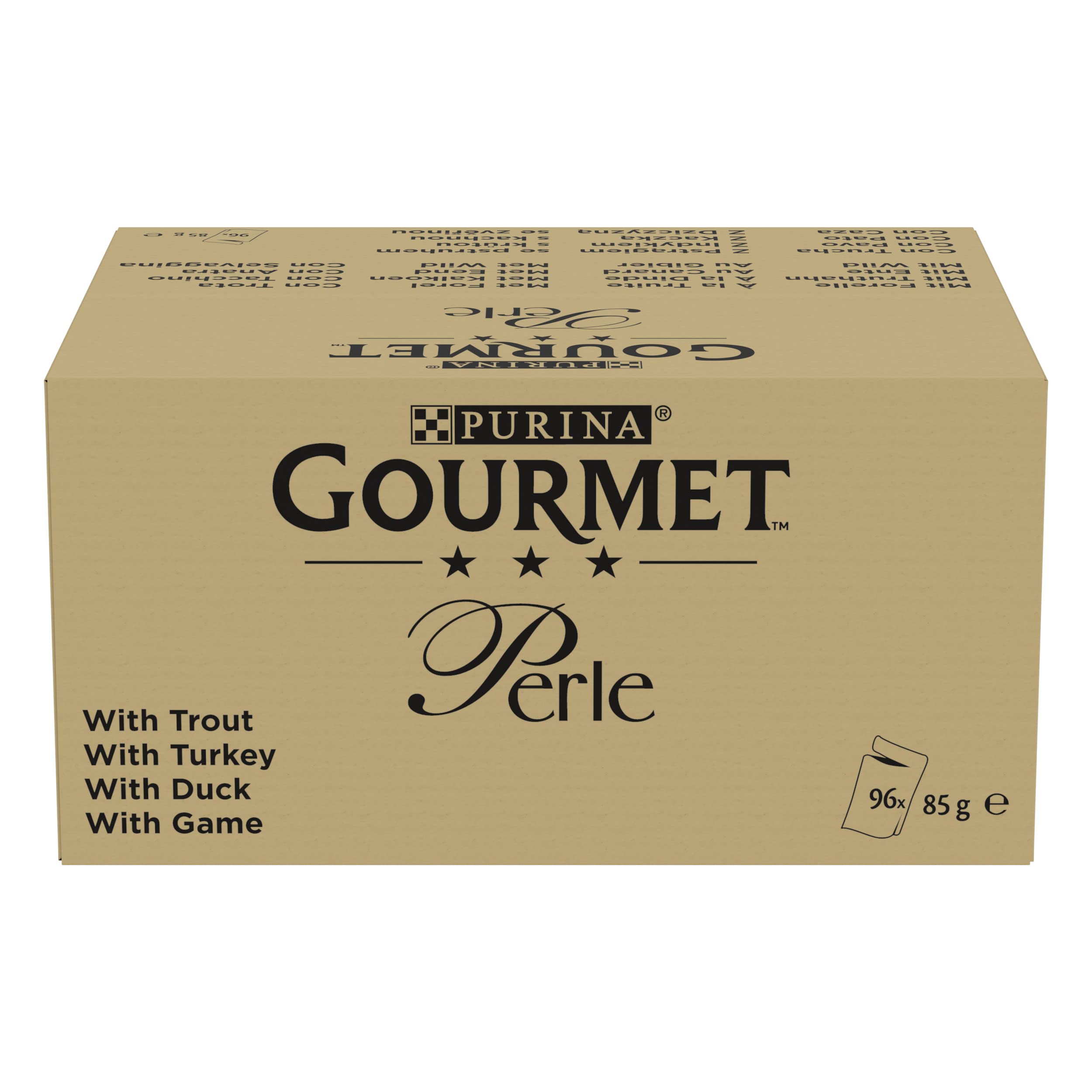 Gourmet Perle Erlesene Streifen in Gelee, 96 Portionsbeutel Katzenfutter nass, Sorten-Mix, 96er Pack (12 x 8 Beutel à 85g)