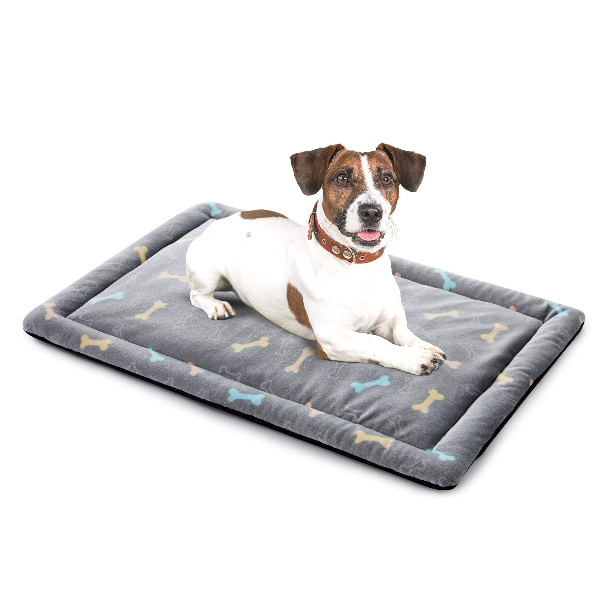 ALLISANDRO Hundematte Hundedecke Waschbar Matte 80x 60cm Hygienisch und rutschfest Eckig Bones Weiche Hundebette mit kuscheligem Plüsch für Hunde & Katzen Grau