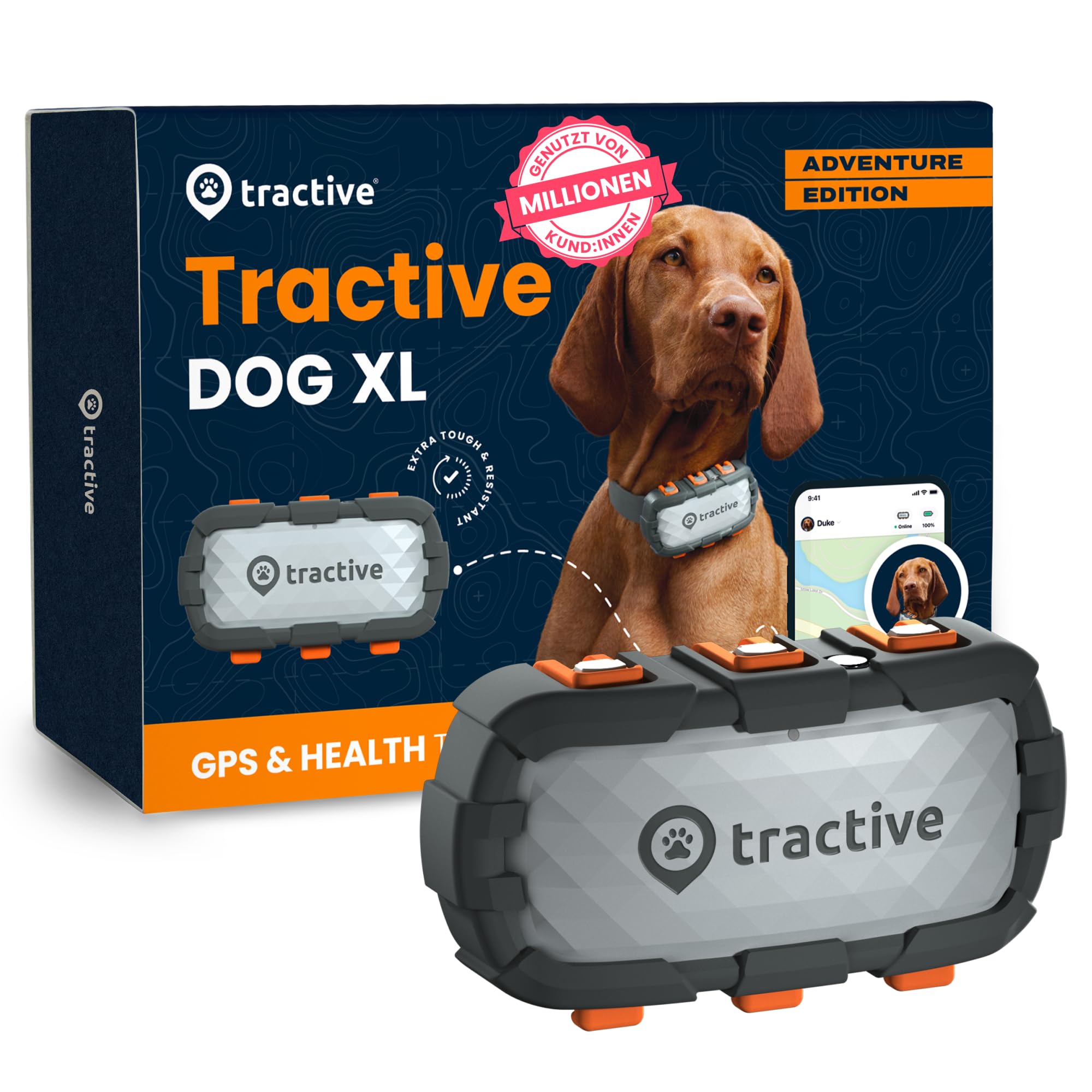 Tractive GPS Tracker Hund – XL Adventure | Bissfestes Glasfasergehäuse | Bis zu 1 Monat Akku | Marktführer | Weltweite Live-Ortung | Weglaufalarm | Aktivitätstracking & Gesundheitswarnungen