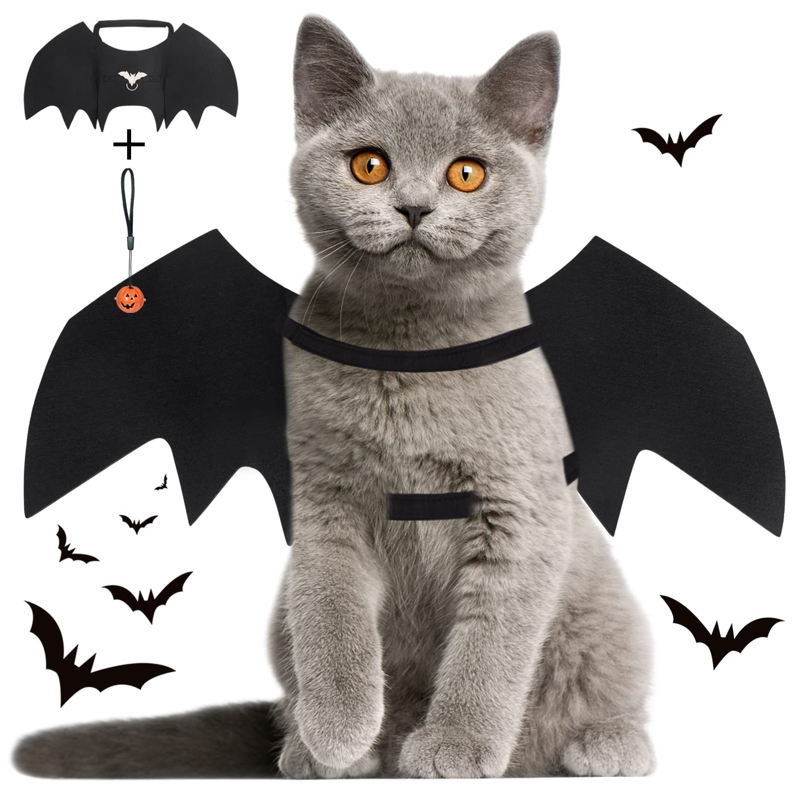 Vivifying Fledermausflügel Katze, Halloween Fledermaus Kostüm Katze Flügel mit Kürbisglocke, Einstellbar Halloween Katzenkostüm Cosplay Dekoration (Hals: 9,4 – 12,6 Zoll/Brustumfang: 12,9 – 19,7 Zoll)