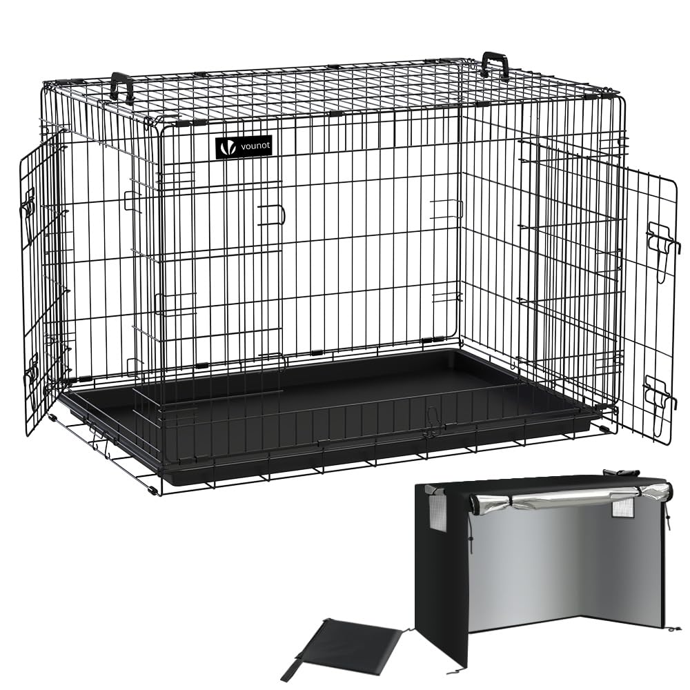 VOUNOT Hundekäfig Klappbar mit Abdeckung, Hundebox Auto Hundetransportkäfig mit Doppeltüren, 2 Transportgriffen & Bodenschale, XL 107×70 x78 cm, Schwarz