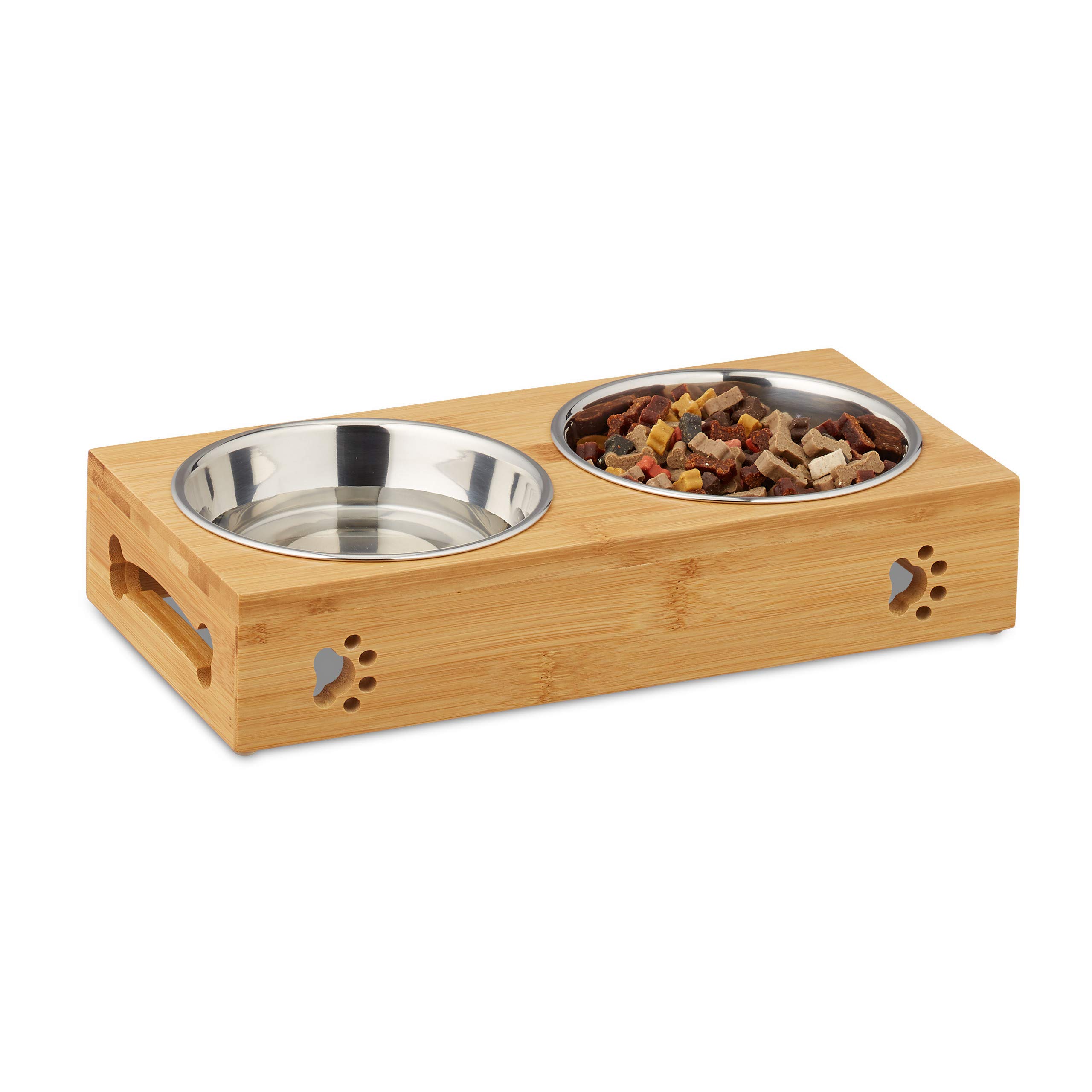 Relaxdays Double Dog Feeding Station Futterbar für kleine Hunde, 2 Näpfe V je 300 ml, erhöht, Bambus & Edelstahl, HBT: 6,5×31,5×15 cm, Natur/Silber, 1 Stück