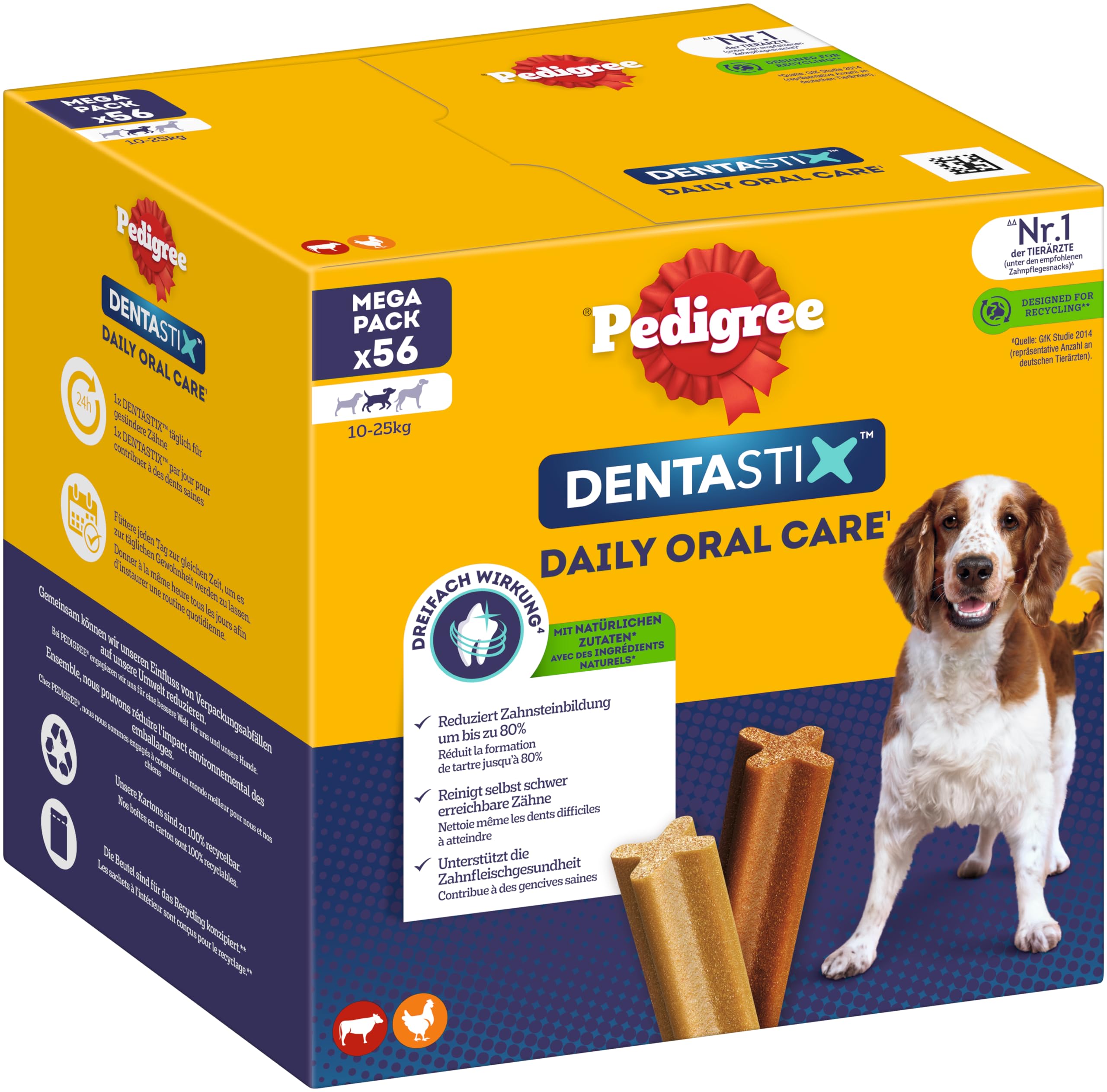 Pedigree DentaStix Daily Oral Care Zahnpflegesnack für mittelgroße Hunde – Hundeleckerli mit Huhn- & Rindgeschmack für jeden Tag – 1 x 56 Stück