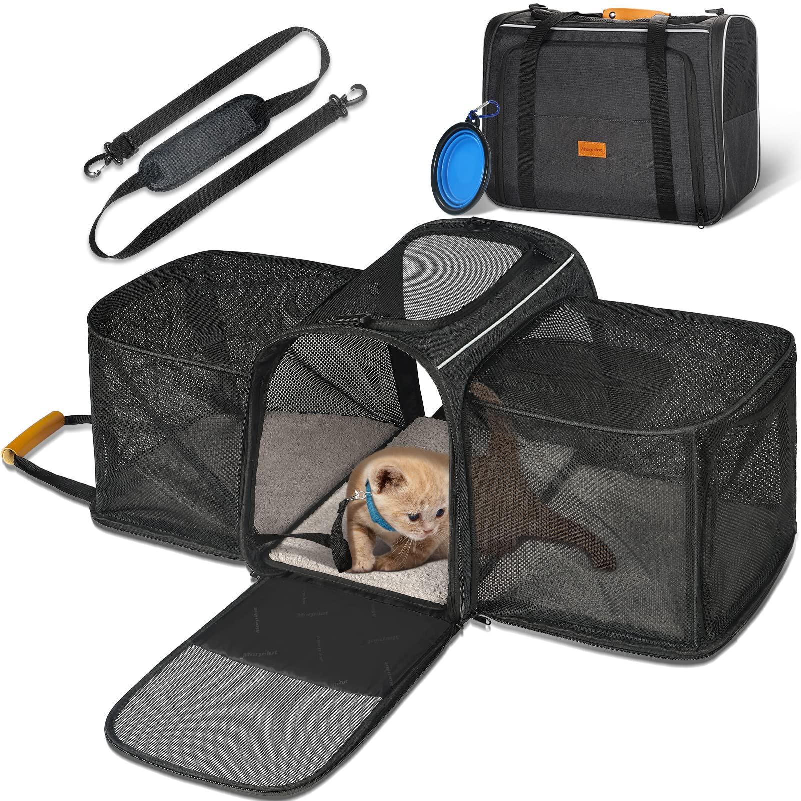 Katzentransportbox Transportbox Katze Groß, Morpilot 45x33x36cm Erweiterbar Katzenbox für 2 Katzen Hund Welpen, Flugzeug Faltbar Hundetransportbox Zusammenklappbare Transporttasche Katze Transport