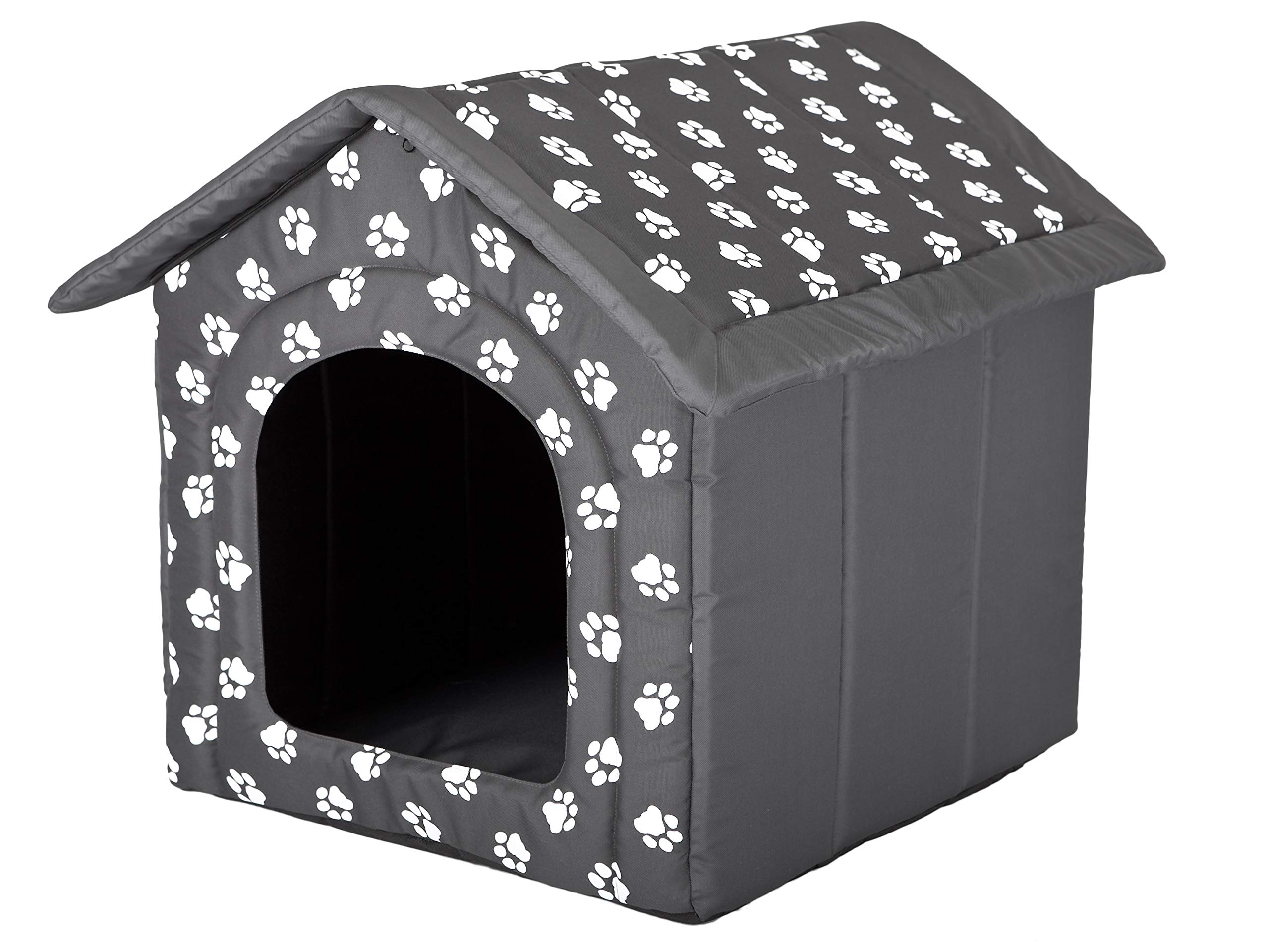 HobbyDog Hundehaus Hundehütte für mittelgroße Hunde – Katzenhaus, Katzenhöhle – mit herausnehmbarem Dach – Tierhaus für Katzen und Hunde für Drinnen/Indoor 60 x 55 x 60 cm Graphit mit weißen Pfoten