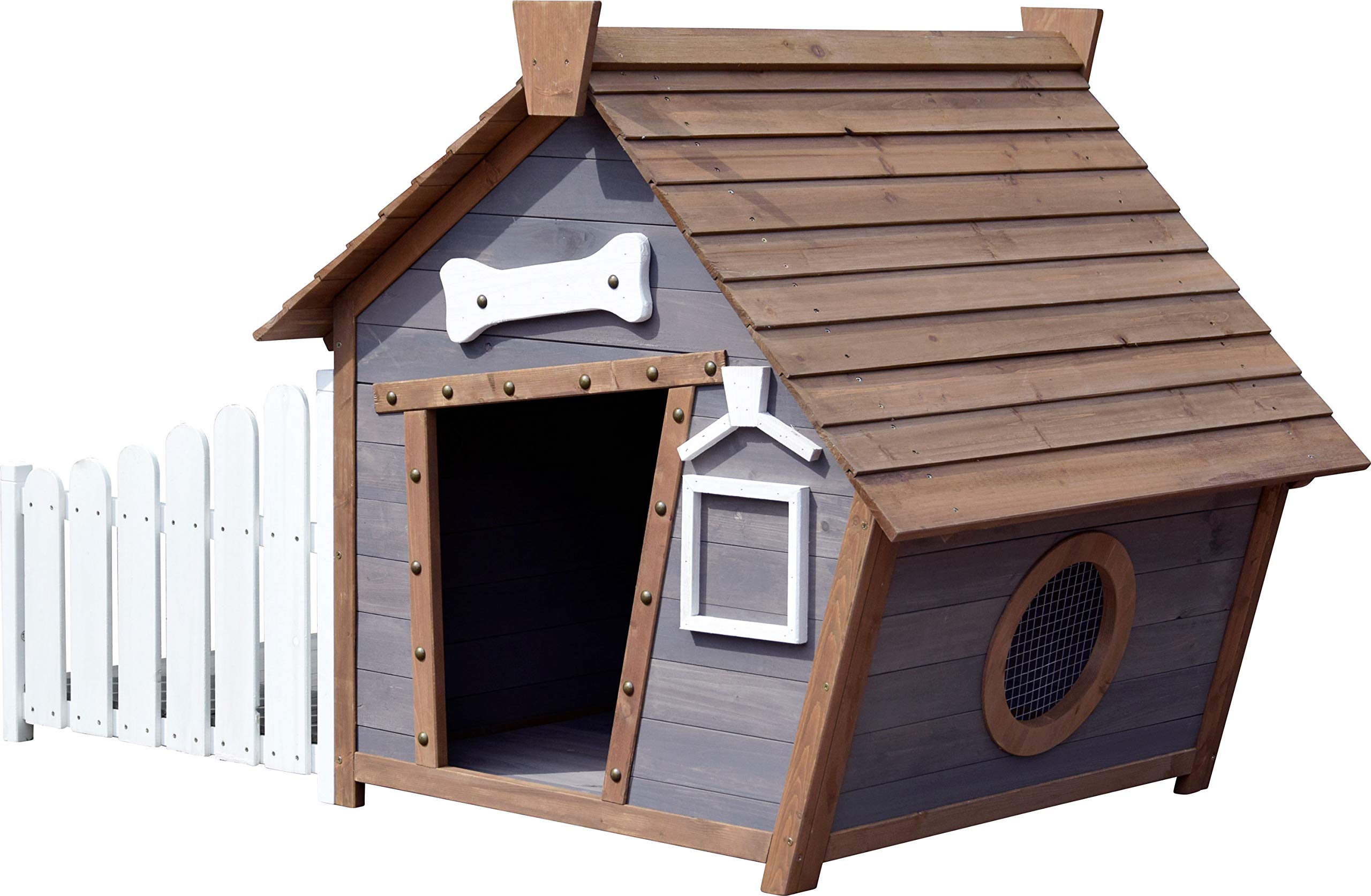 dobar® Große Hundehütte Porch – Hundehaus Massivholz – Hundekäfig Spitzdach mit Veranda – Holzhütte für Mittelgroße Hunde Haustierhütte wetterfest – 146,3 x 90 x 96 cm – Grau