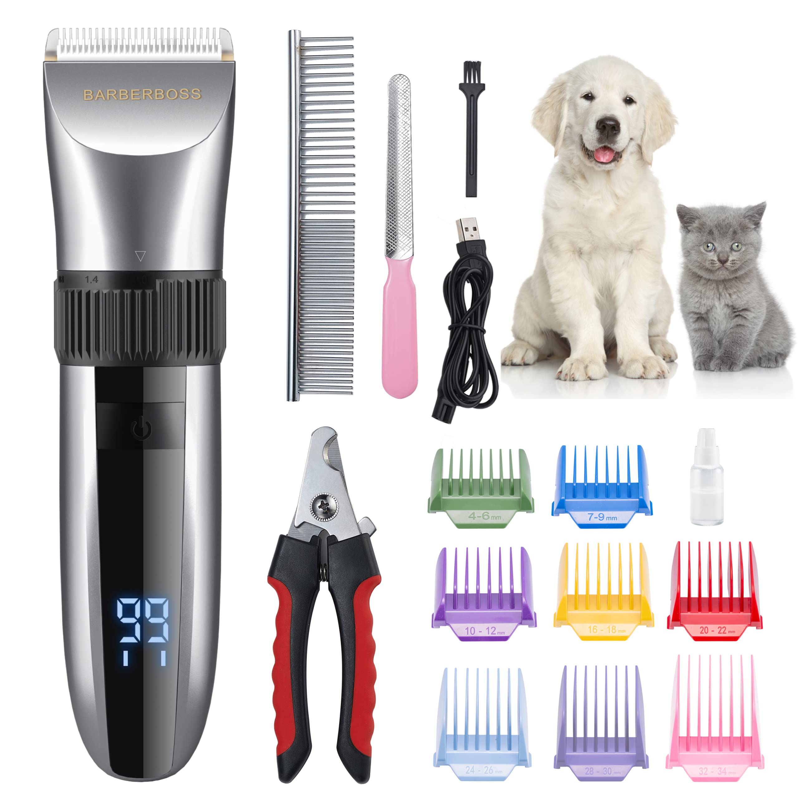 BarberBoss Kabelloser Haustier-Fellpflege-Clipper – Keramikklingen, LED-Display, schnelles Aufladen, elektrische Haustierschneidemaschine für Hunde und Katzen QR-9082