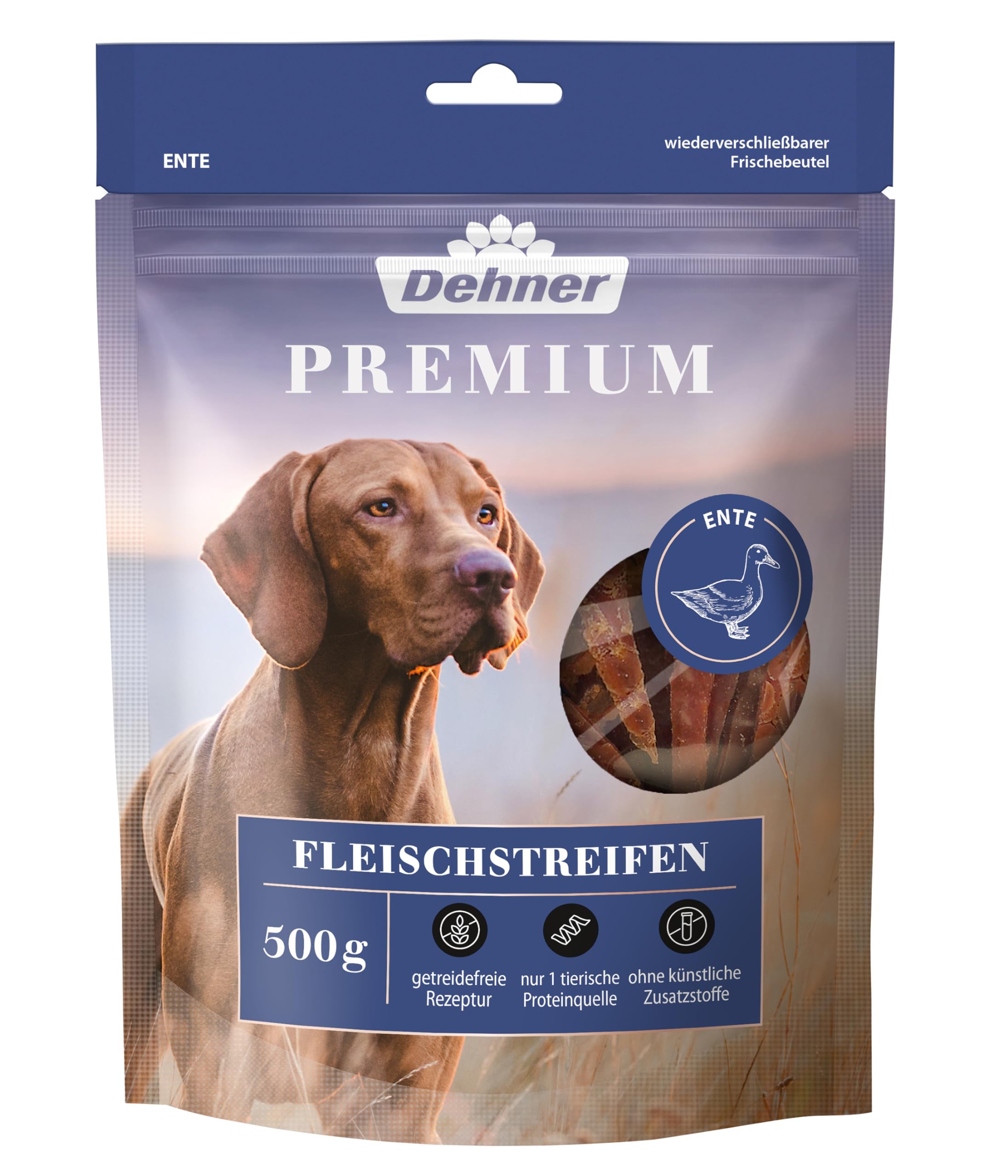 Dehner Premium Hundesnack, Leckerli getreidefrei / fettarm, Kausnack für ausgewachsene Hunde, Entenbrustfilet in Streifen, 500 g