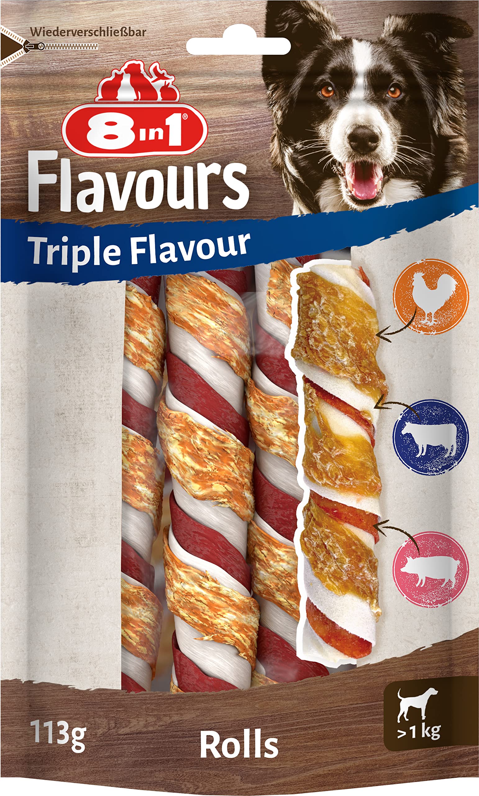 8in1 Triple Flavour Rolls Kaustangen für Hunde – Kausnacks mit extra viel Fleisch, 113g Beutel (3 Stück)