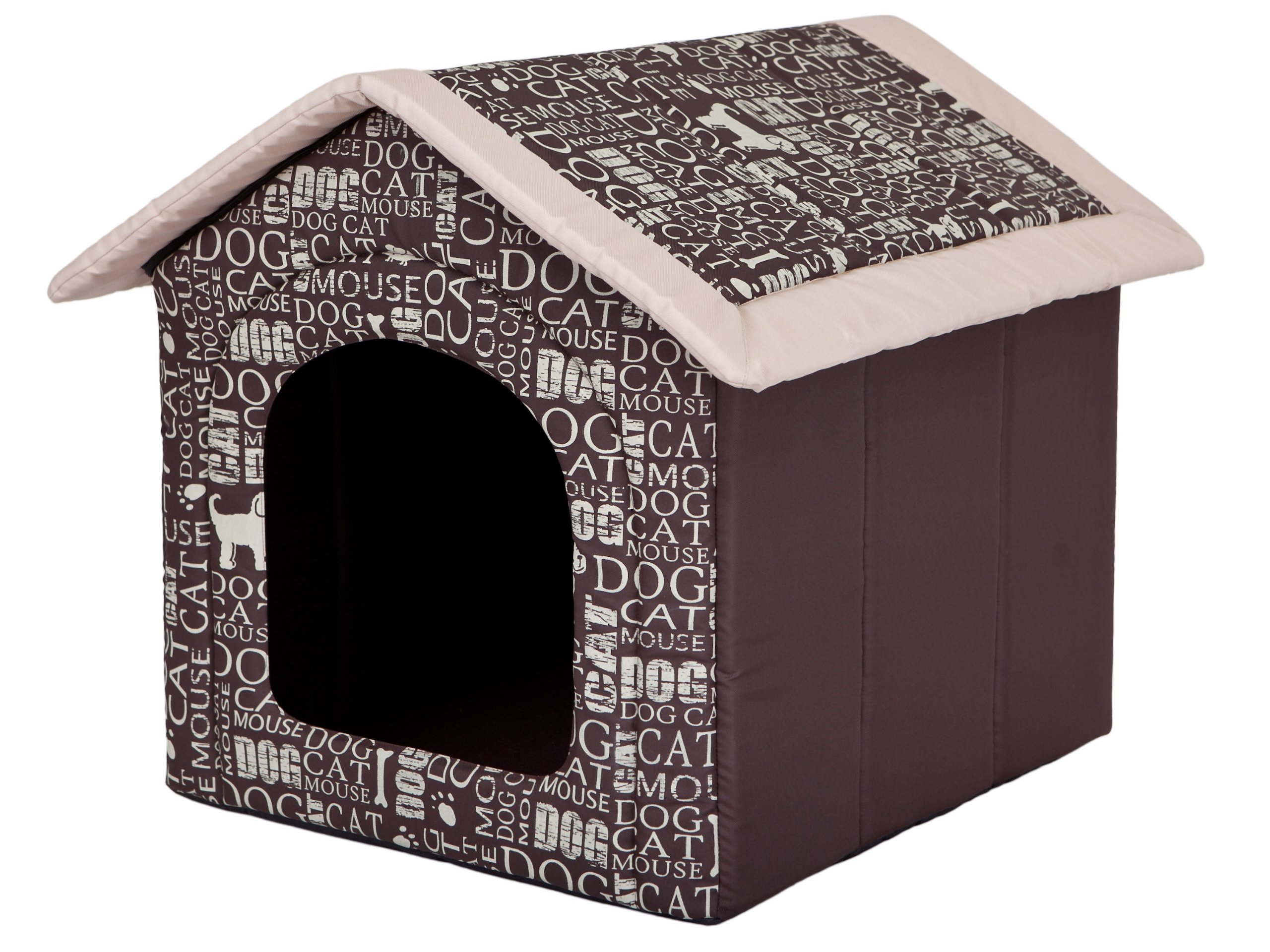 HobbyDog Hundehaus Hundehütte für mittelgroße Hunde – Katzenhaus, Katzenhöhle – mit herausnehmbarem Dach – Tierhaus für Katzen und Hunde für Drinnen/Indoor 60 x 55 x 60 cm [XL] Braun mit Text