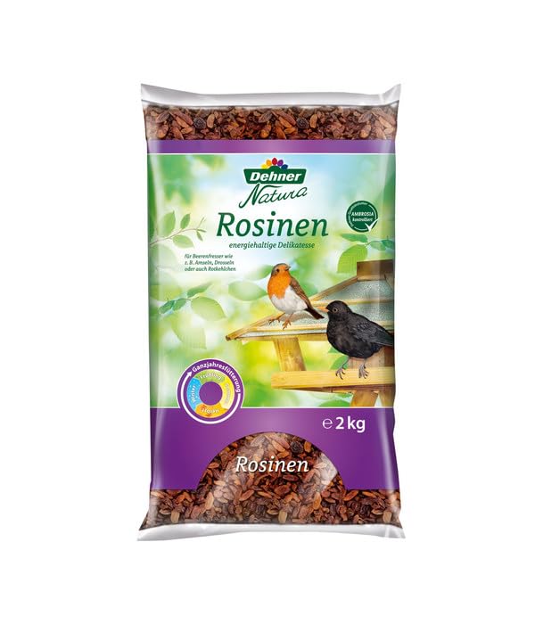 Dehner Natura Premium Wildvogelfutter, Rosinen Delikatesse, Futterrosinen, Ganzjahresfutter energiereich, hochwertiges Vogelfutter für Wildvögel, 2 kg