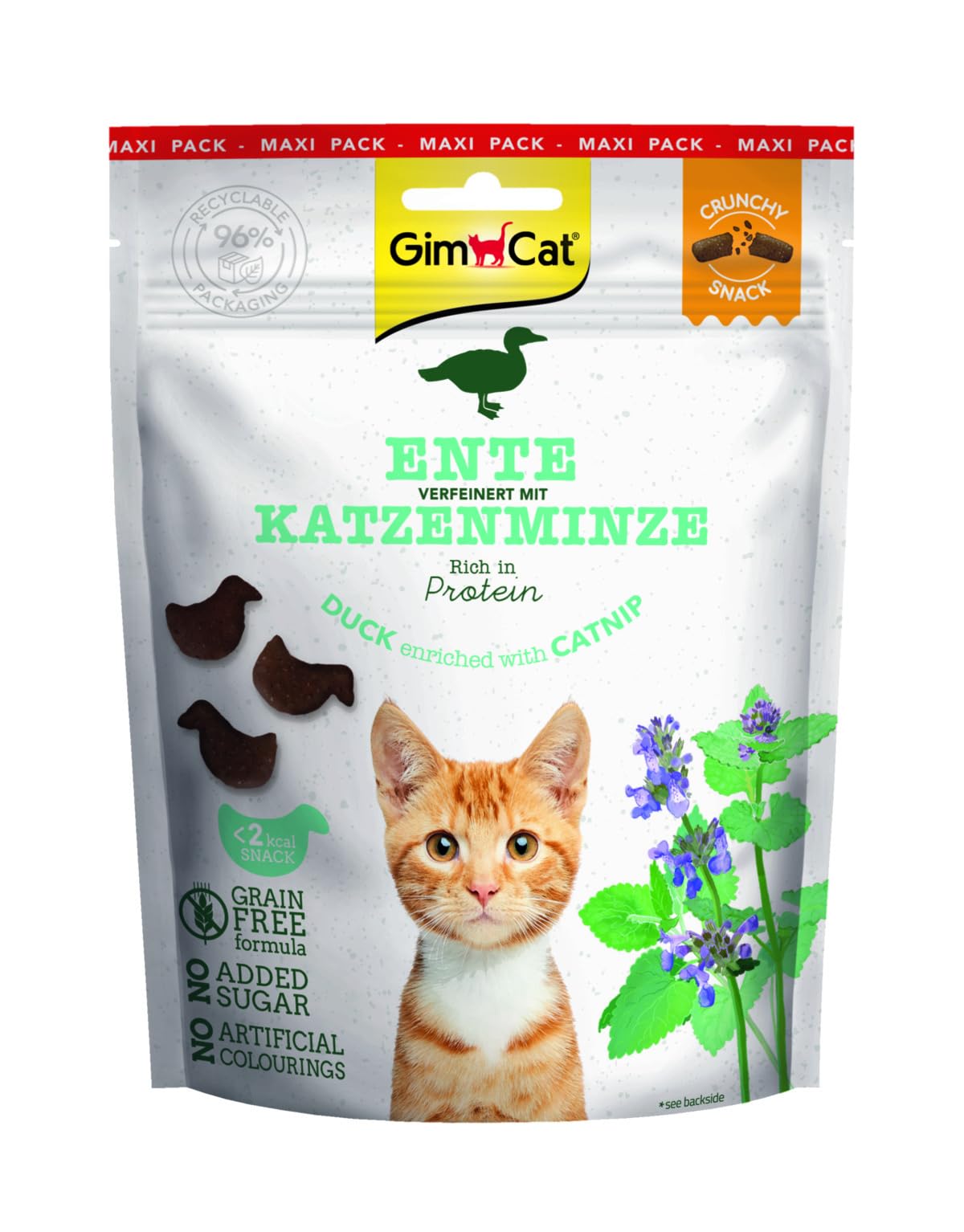 GimCat Crunchy Snacks Ente mit Katzenminze – Knuspriges und proteinreiches Katzenleckerli – 1 Beutel (1 x 140 g)