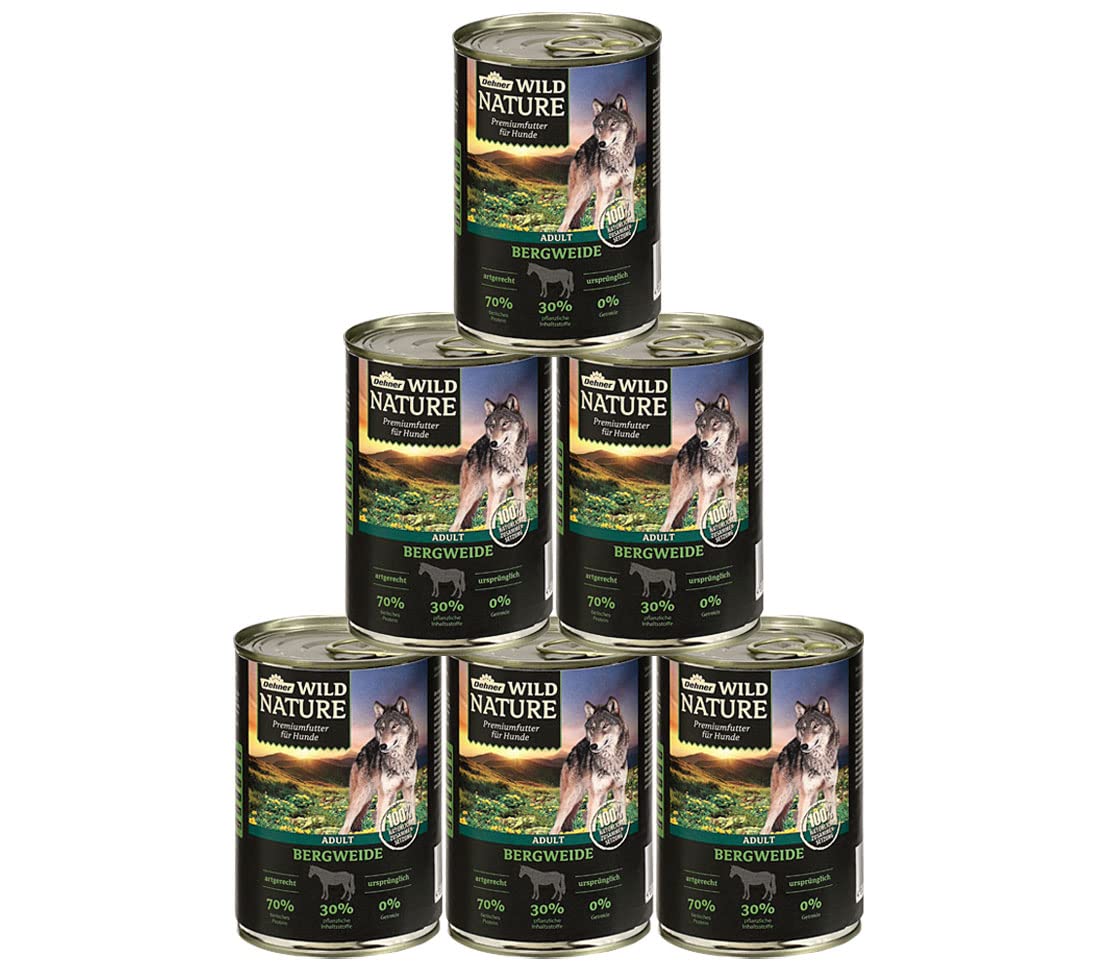 Dehner Wild Nature Hundefutter Bergweide, Nassfutter getreidefrei / zuckerfrei, für ausgewachsene Hunde, Pferd, 6 x 400 g Dose (2.4 kg)