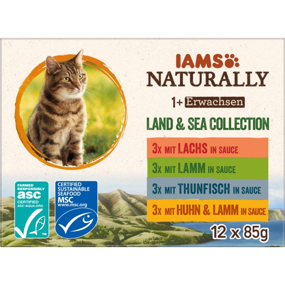 IAMS Naturally Katzenfutter Nass in Sauce – hochwertiges Nassfutter mit Fleisch und Fisch für erwachsene Katzen, Land & Sea Collection, 12 x 85 g