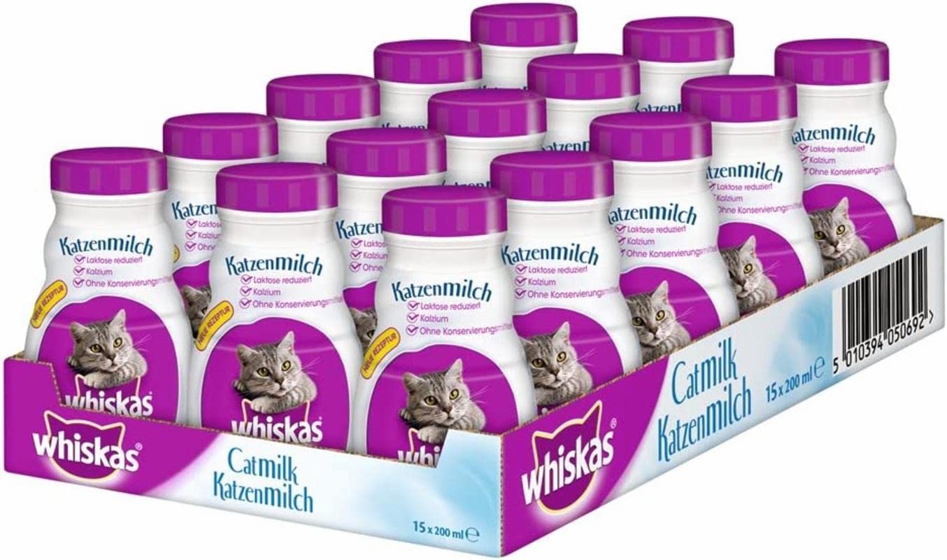 Whiskas Katzenmilch für Kätzchen ab 6 Wochen, 15 Flaschen, 15x200ml – Leckerer Snack für eine glückliche Katze, laktosereduziert und leicht verdaulich,3 l (1er Pack)