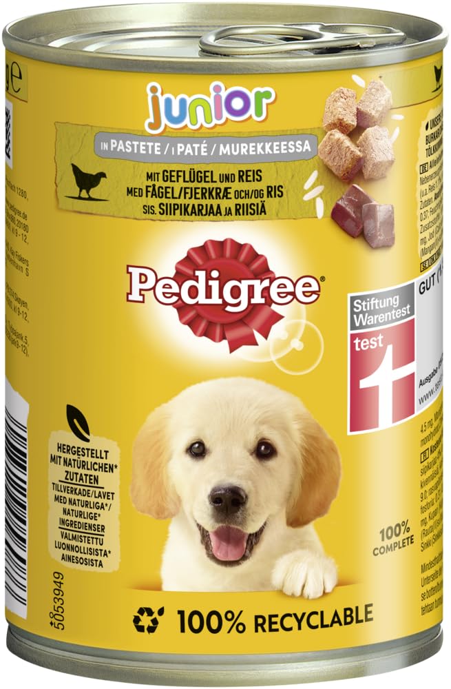 Pedigree Hundefutter Nassfutter Junior Geflügel & Reis in Pastete, 12 Dosen (12 x 400g)