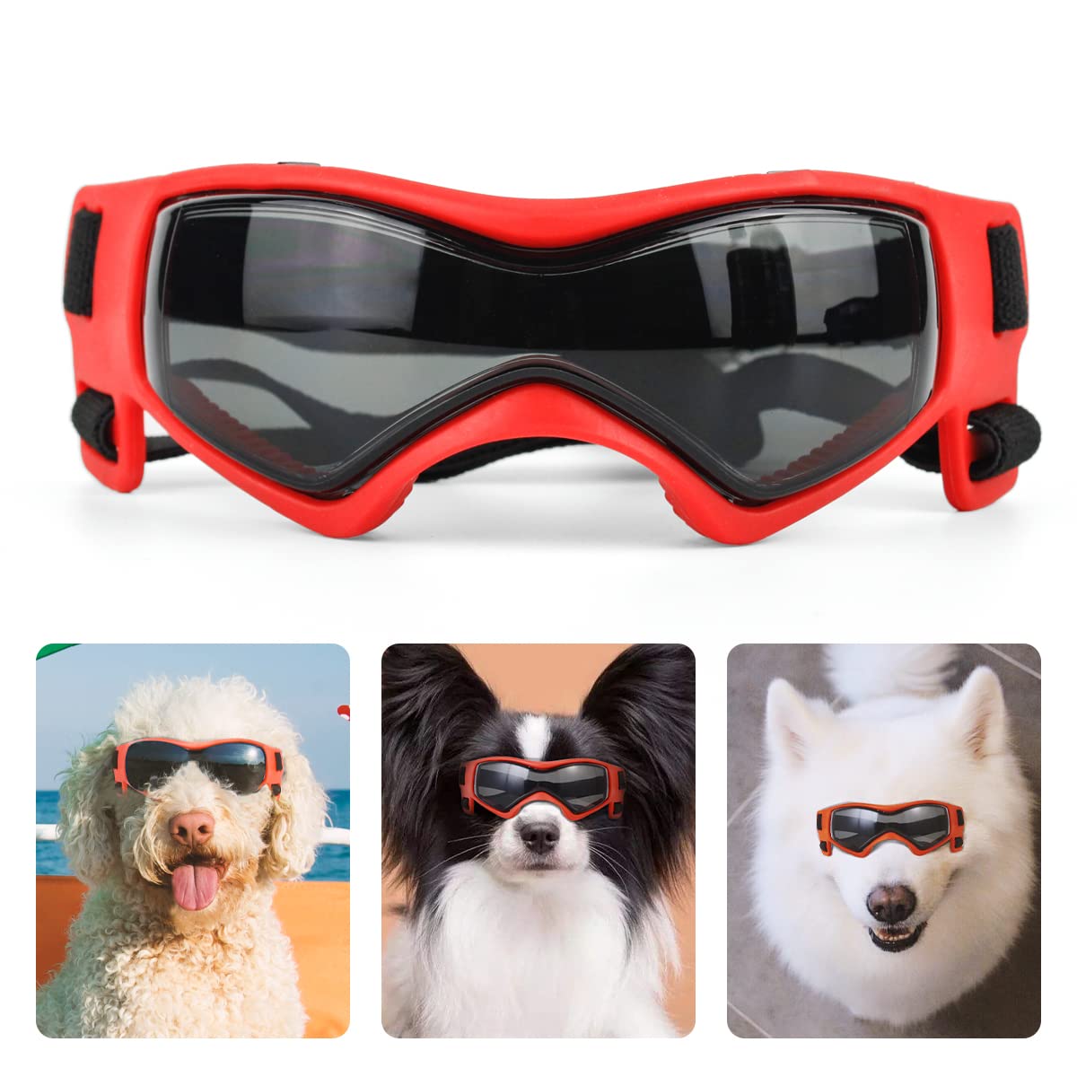 PEDOMUS Hunde Sonnenbrille Verstellbarer Windschutzscheibe Riemen für UV Sonnenbrillen Wasserdichter Schutz für kleine Hunde Rot