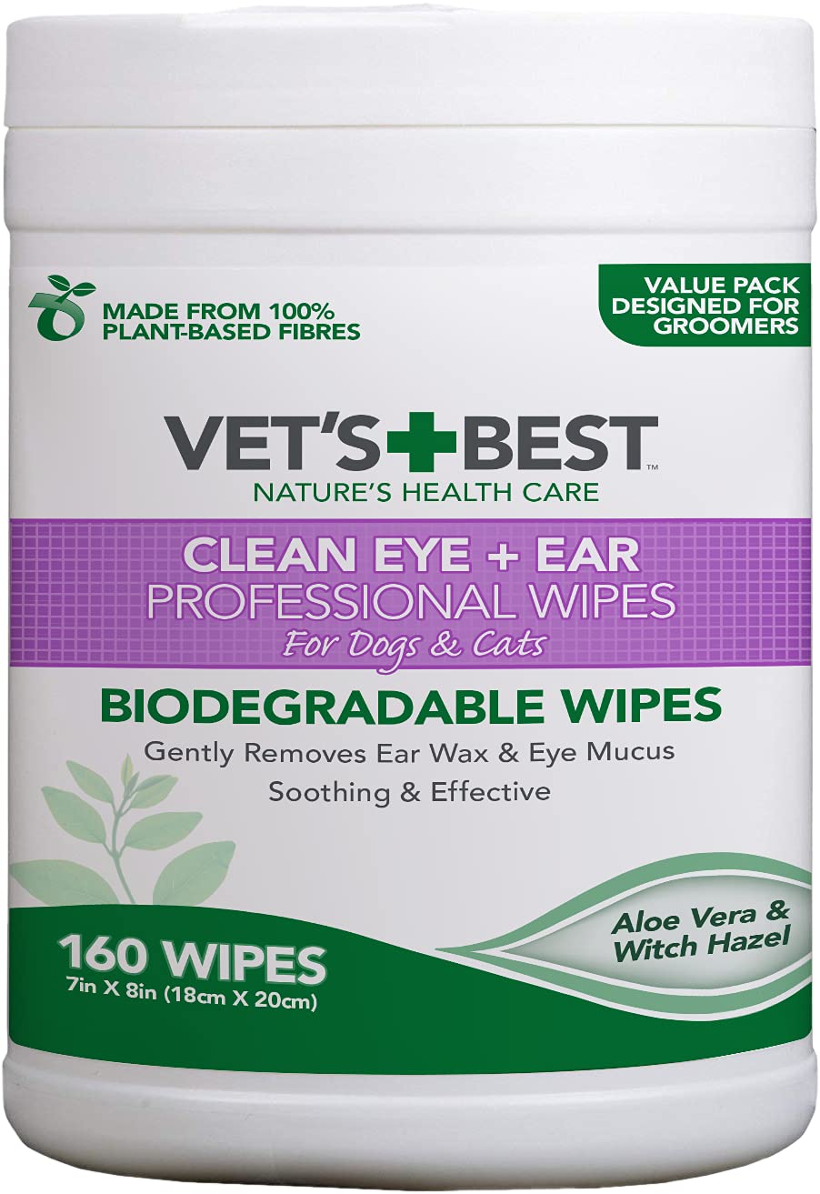 Vet’s Best Clean Augen- und Ohrentücher Biologisch abbaubare professionelle Tücher für Hunde und Katzen, Packung mit 160 Stück