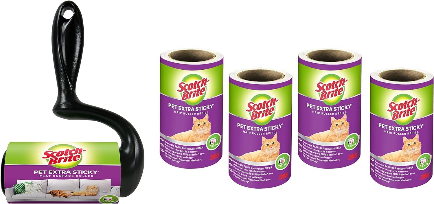 Scotch-Brite Pet Extra Sticky Roller für Tierhaare 48 Blatt + 4 Scotch-Brite Pet Extra Sticky Ersatzrolle für Tierhaare 48 Blatt