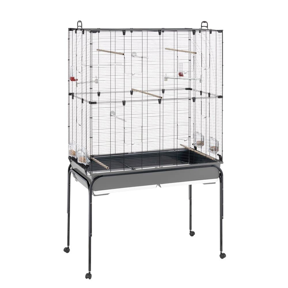 Ferplast Vogelkäfig Vogelvoliere Wellensittich Käfig Exotenkäfig, inkl. Stand mit Rädern, Vogel-Futternapf, Vogel-Sitzstangen, Schwarz, 100 x 53 x h172 cm