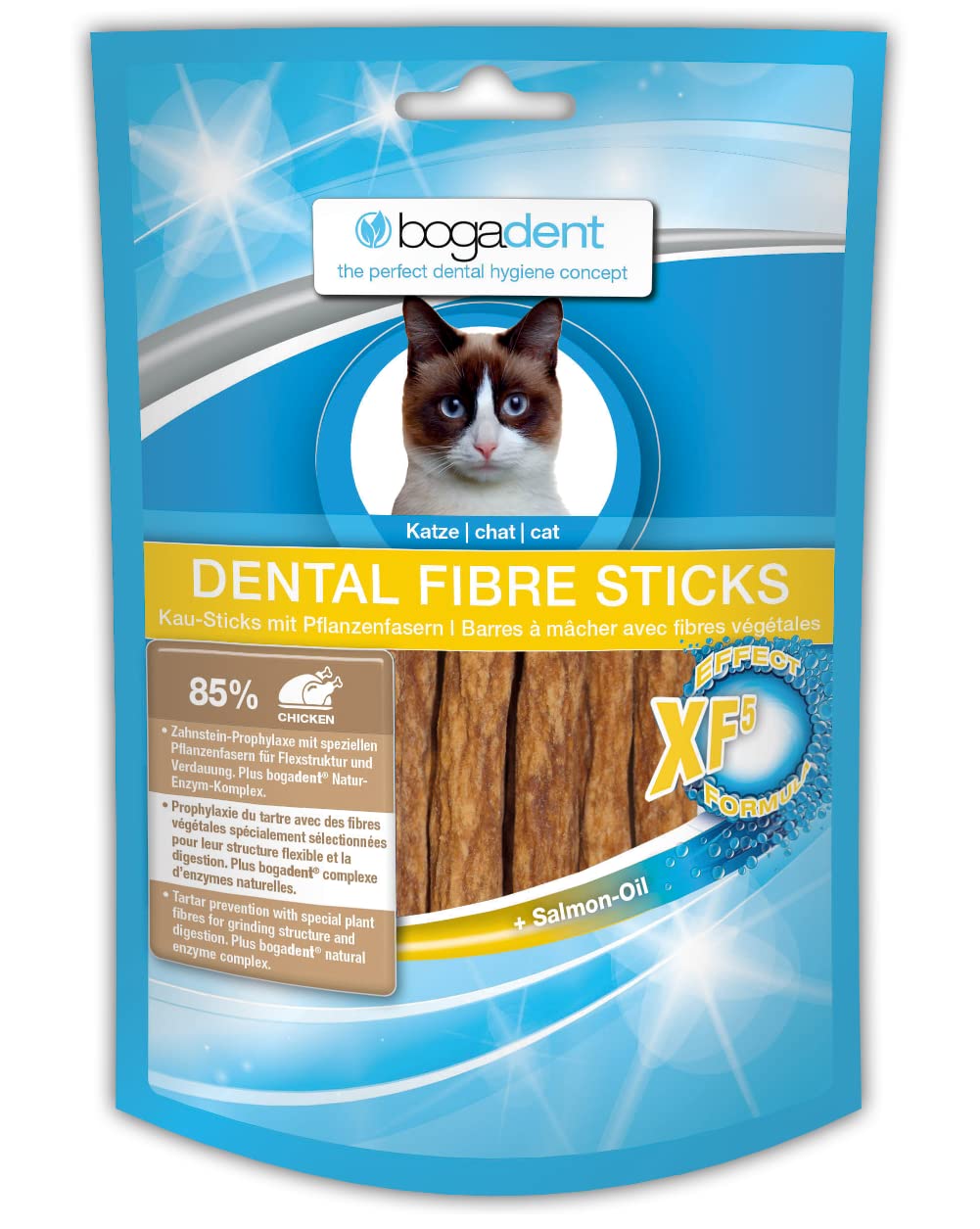 bogar, Bogadent Dental Sticks für Katzen, Katzen-Zahnpflege, Katzensnacks zur Förderung des Kauens und der Verdauung, Kaustangen Katze, Mit Fisch, Fleisch, Früchten und Mineralstoffen, 50 g