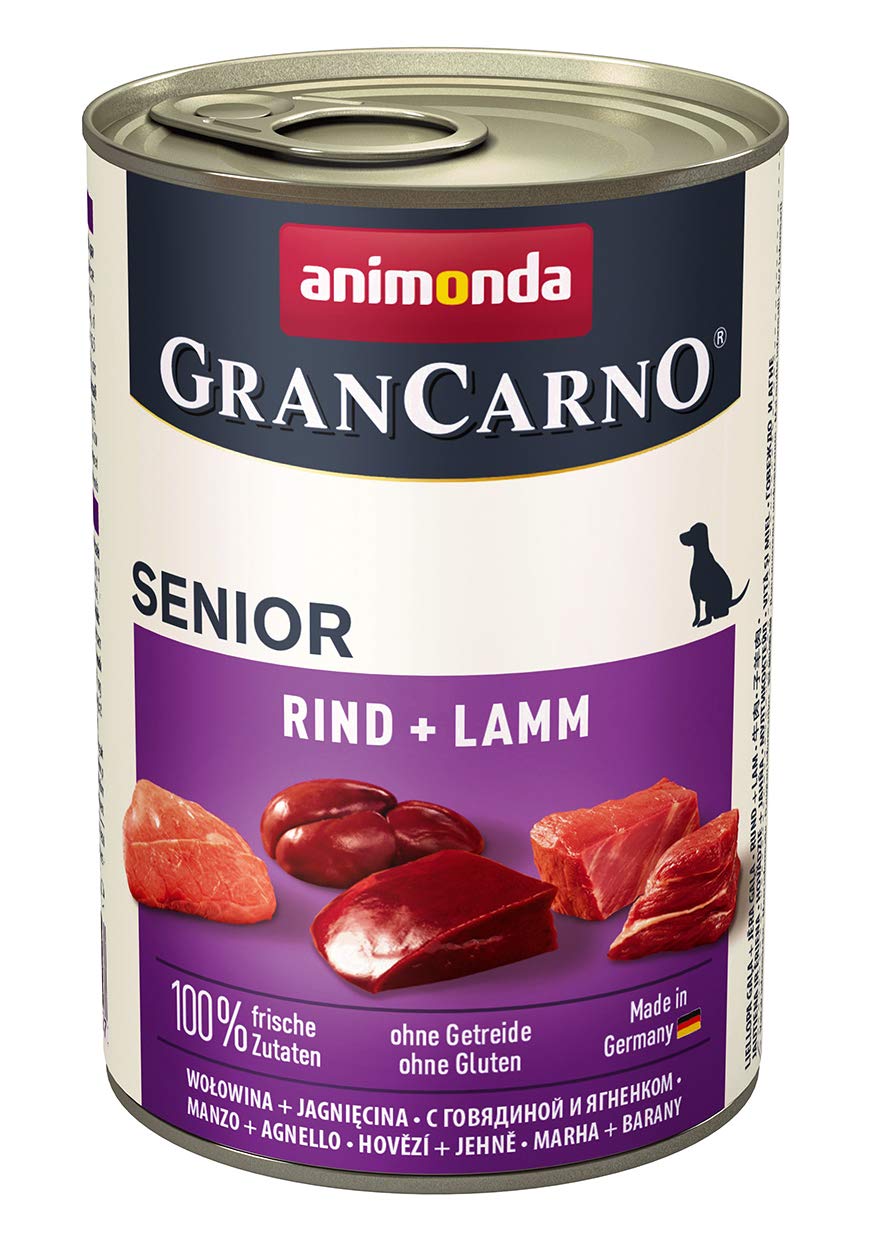 GranCarno Hunde Nassfutter Senior mit Rind + Lamm (6 x 400g), Hundefutter nass ohne Getreide und Zucker von animonda für älterere Hunde ab 7 Jahren mit frischen fleischlichen Zutaten