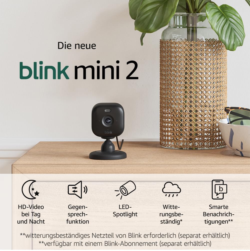 Blink Mini 2 – smarte Plug-in-Sicherheitskamera mit HD-Nachtsicht in Farbe, integriertem Spotlight, Gegensprechfunktion und Bewegungserfassung, Funktioniert mit Alexa (schwarz)