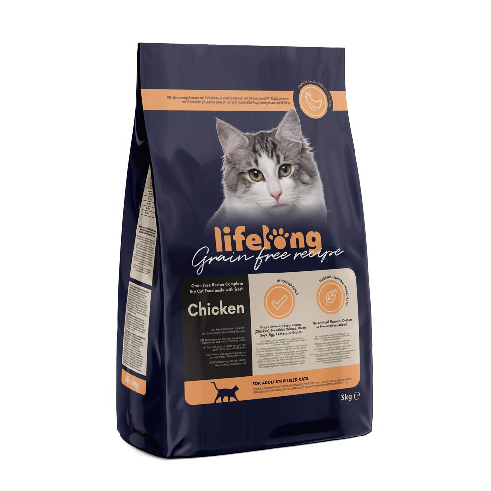 Amazon-Marke: Lifelong – Katzenfutter für ausgewachsene Katzen, Fein zubereitetes Trockenfutter mit frischem Huhn, Getreidefreie Rezeptur, 3 kg (1er-Pack)