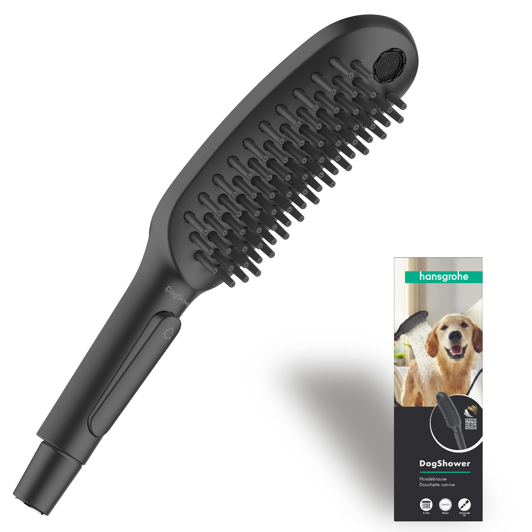 hansgrohe DogShower – Hundedusche mit 3 Strahlarten, Duschkopf für Hunde zur Fellpflege mit Streichelnoppen, 26640670, Mattschwarz