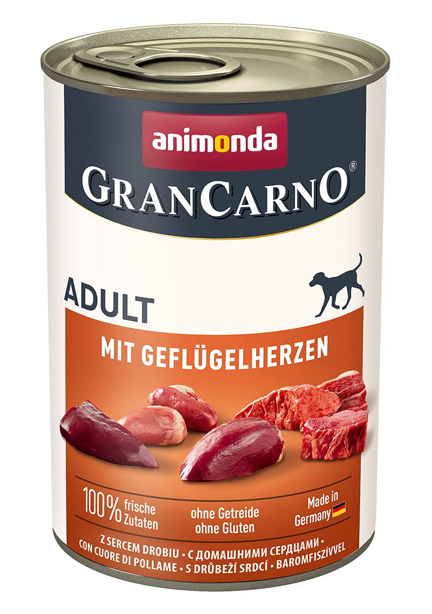 GranCarno Hunde Nassfutter mit Geflügelherzen (6 x 400g), Hundefutter nass ohne Getreide und Zucker von animonda, für ausgewachsene Hunde, mit frischen fleischlichen Zutaten