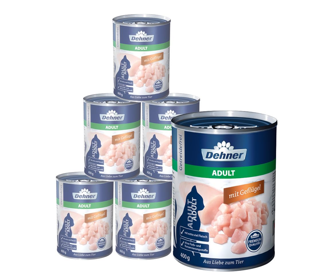 Dehner Premium Katzenfutter, Nassfutter gereidefrei, für ausgewachsene Katzen, Geflügel, 6 x 400 g Dose (2.4 kg)