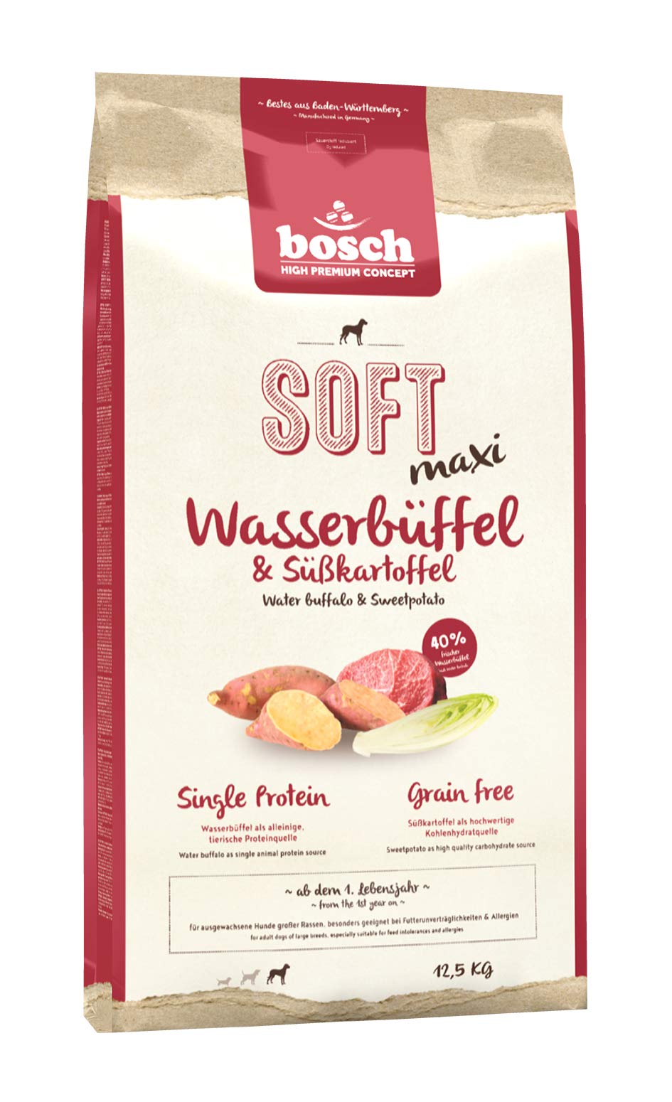 bosch HPC SOFT Maxi Wasserbüffel & Süßkartoffel | halbfeuchtes Hundefutter für ausgewachsene Hunde großer Rassen | Single Protein | grain-free | 1 x 12.5 kg