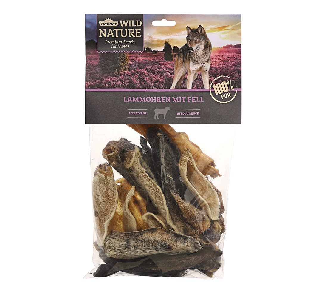 Dehner Wild Nature Hundesnack, Premium Hundeleckerli glutenfrei / getreidefrei, Kausnack für ernährungssensible Hunde, Lammohren mit Fell, 200 g