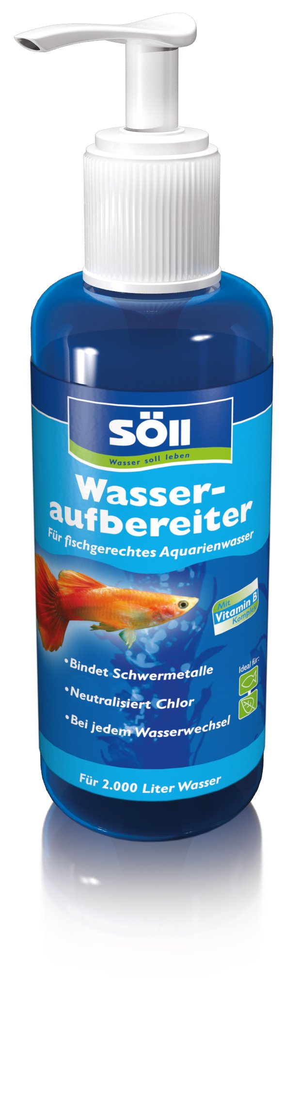 Söll Wasseraufbereiter, 500 ml für 2.000 Liter Aquariumwasser – Wasserreinigung für Leitungswasser in Süßwasseraquarien durch Schadstoffbindung und Zusatzvitamine