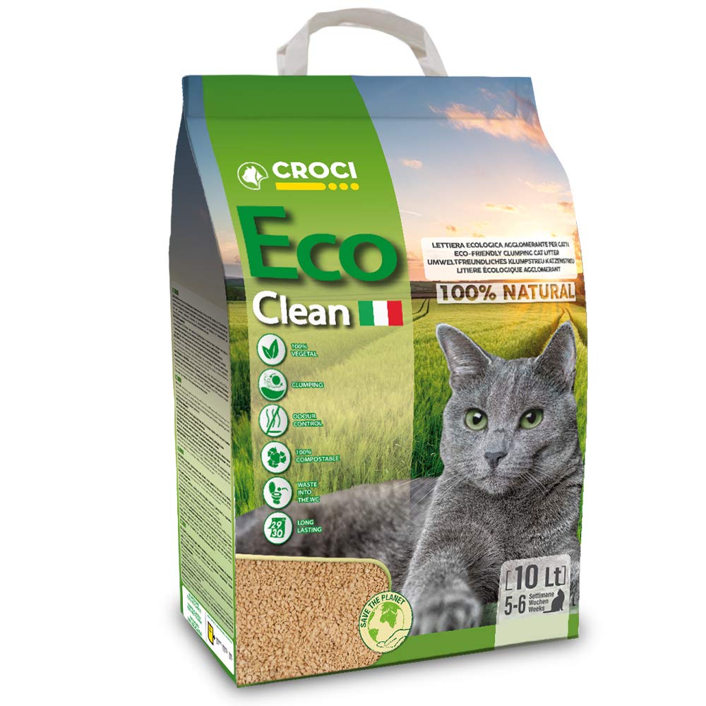 Croci Eco Clean Litter 10 L – klumpende Katzenstreu, biologisch abbaubar, spült in der Toilette, 100 % pflanzlich, langlebiger geruchshemmender Sand