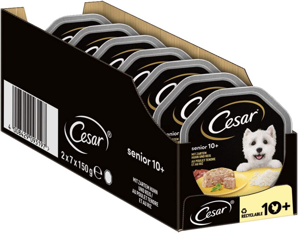 Cesar Hundefutter Nassfutter Senior 10+ mit zartem Huhn und Reis in Gelee, 14 Schalen (14 x 150g)