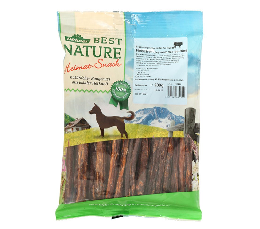 Dehner Best Nature Hundesnack, Leckerli 100 % natürlich / fettarm, auch für übergewichtige Hunde, Fleisch-Sticks vom Weiderind, 200 g