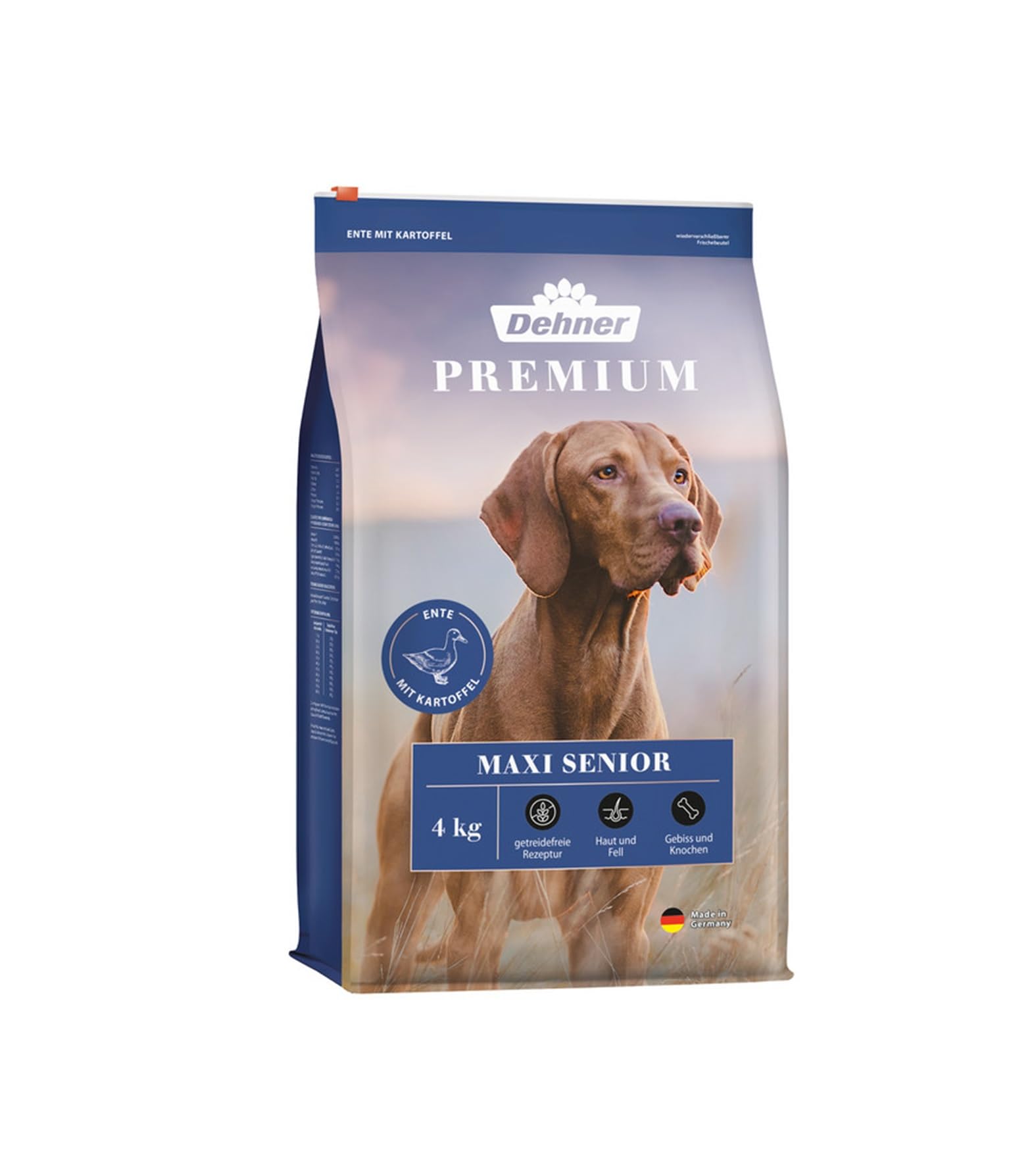 Dehner Premium Hundefutter Maxi Senior, Trockenfutter getreidefrei, für ältere Hunde großer Rassen, Ente / Lamm / Kartoffel, 4 kg